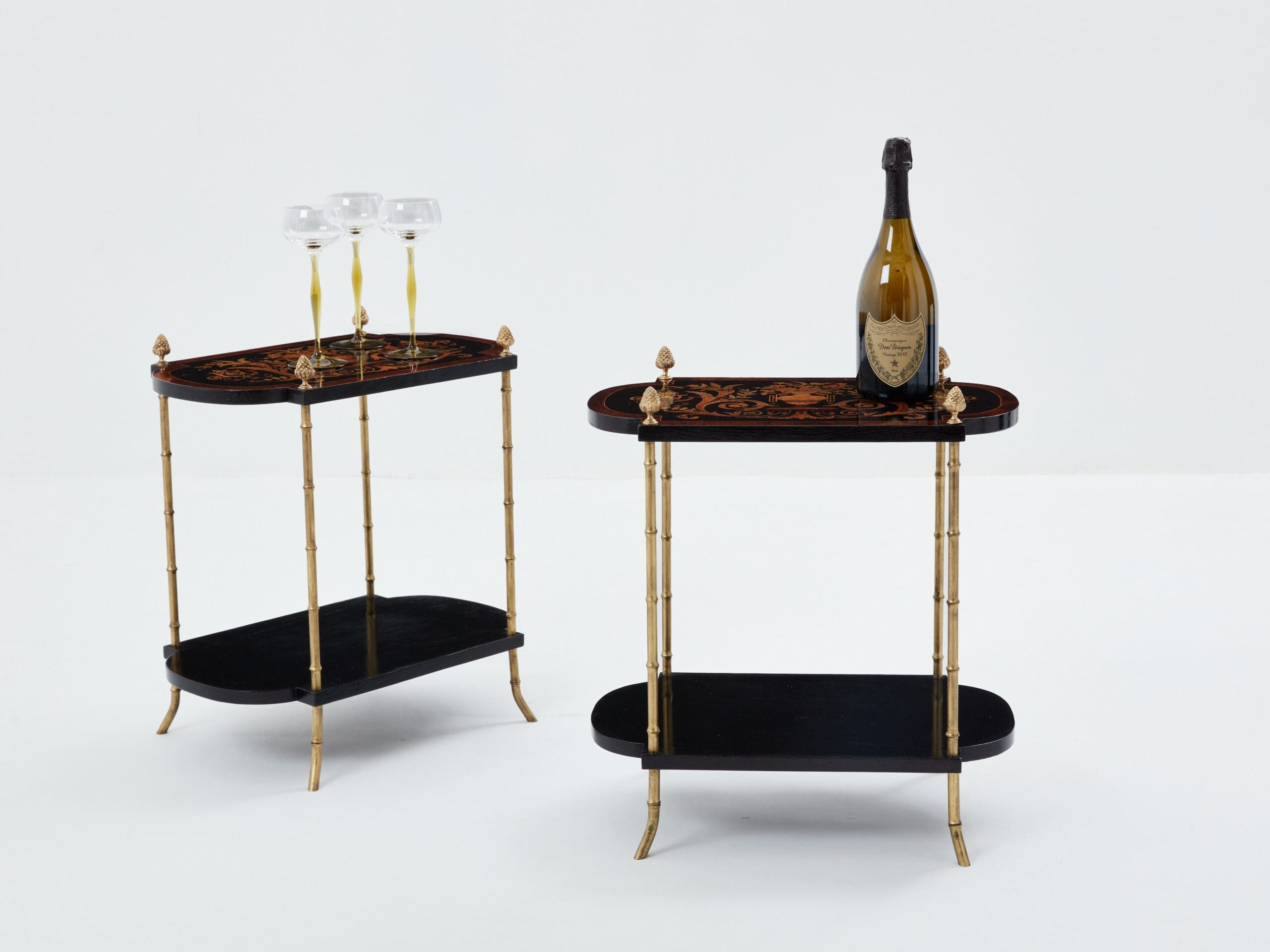 Paire de Tables d’Appoint Maison Baguès en Bronze et Marqueterie, Années 1940