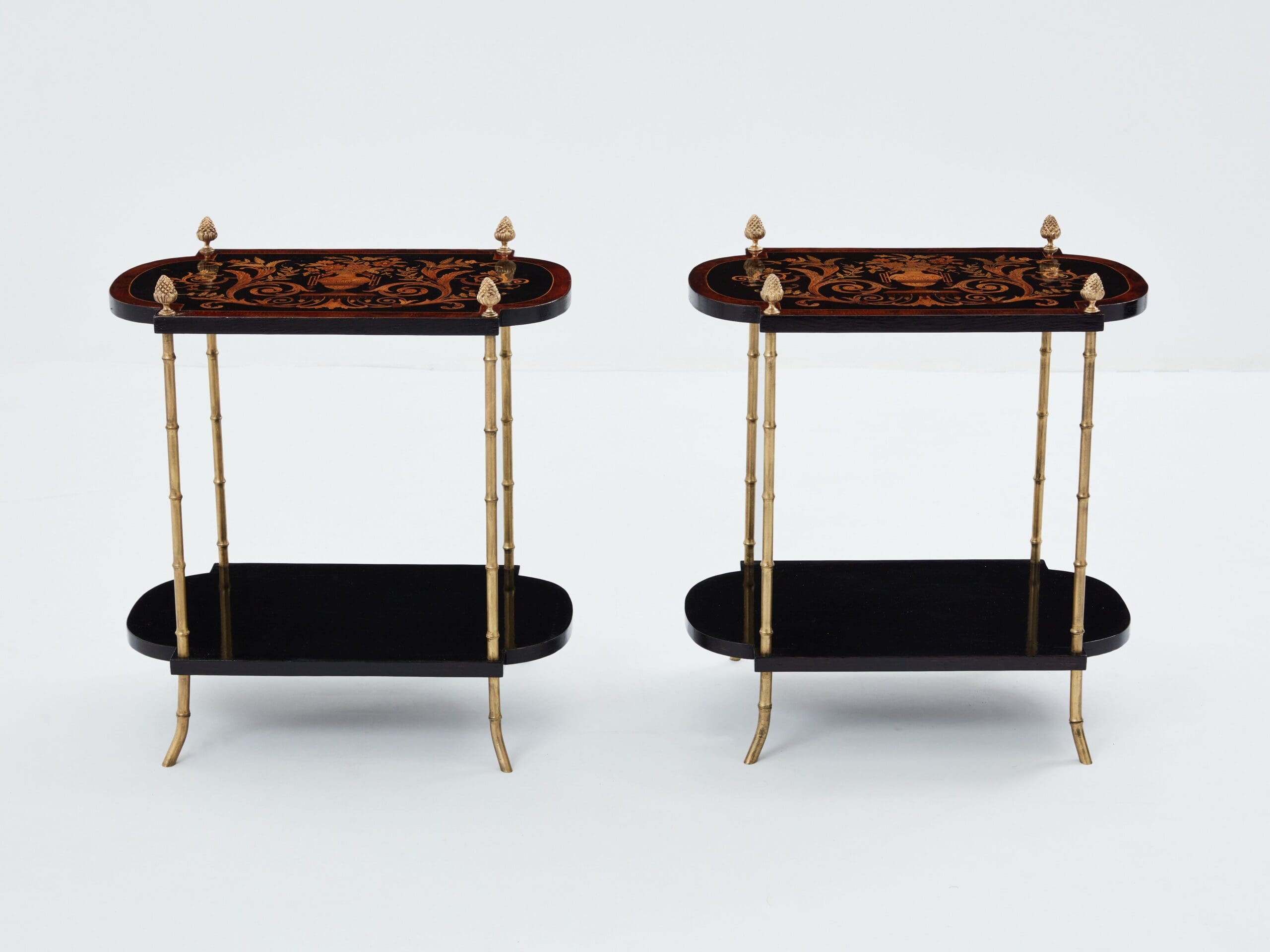 Paire de Tables d’Appoint Maison Baguès en Bronze et Marqueterie, Années 1940