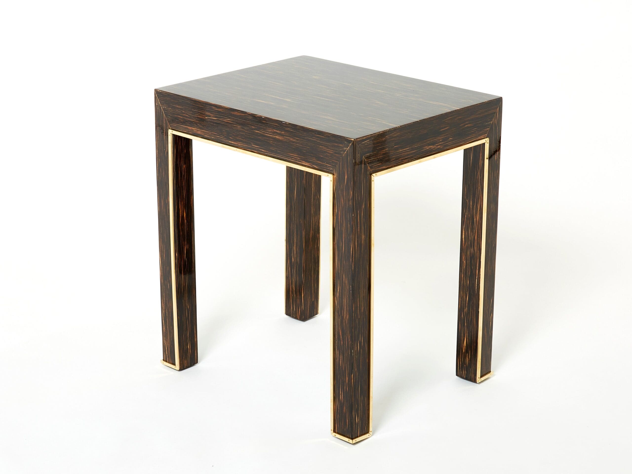 Paire de Tables d’Appoint en Bois de Palmier et Laiton par Romeo Paris, Années 1970
