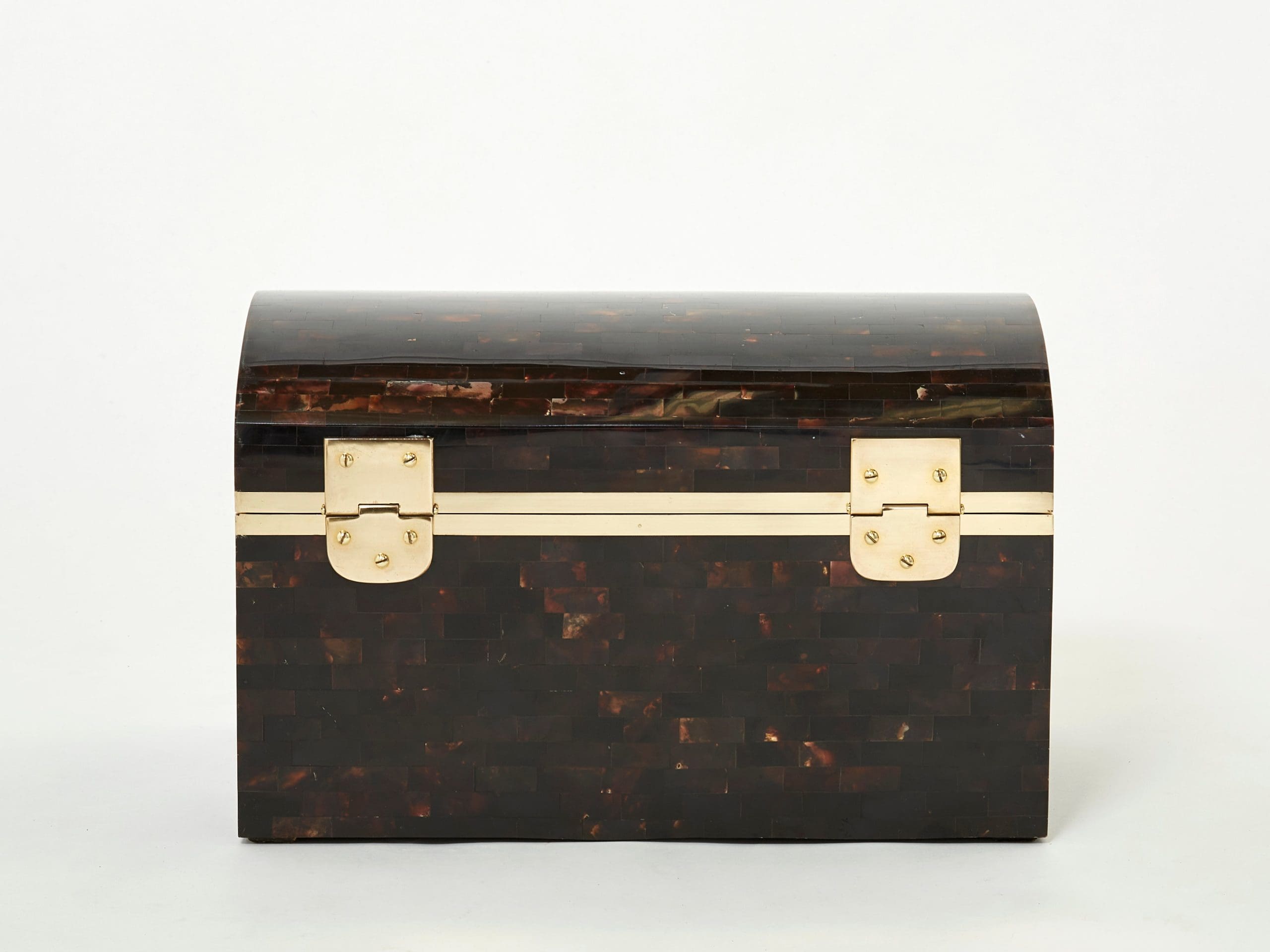 mid-century italian horn marquetry brass trunk box 1960