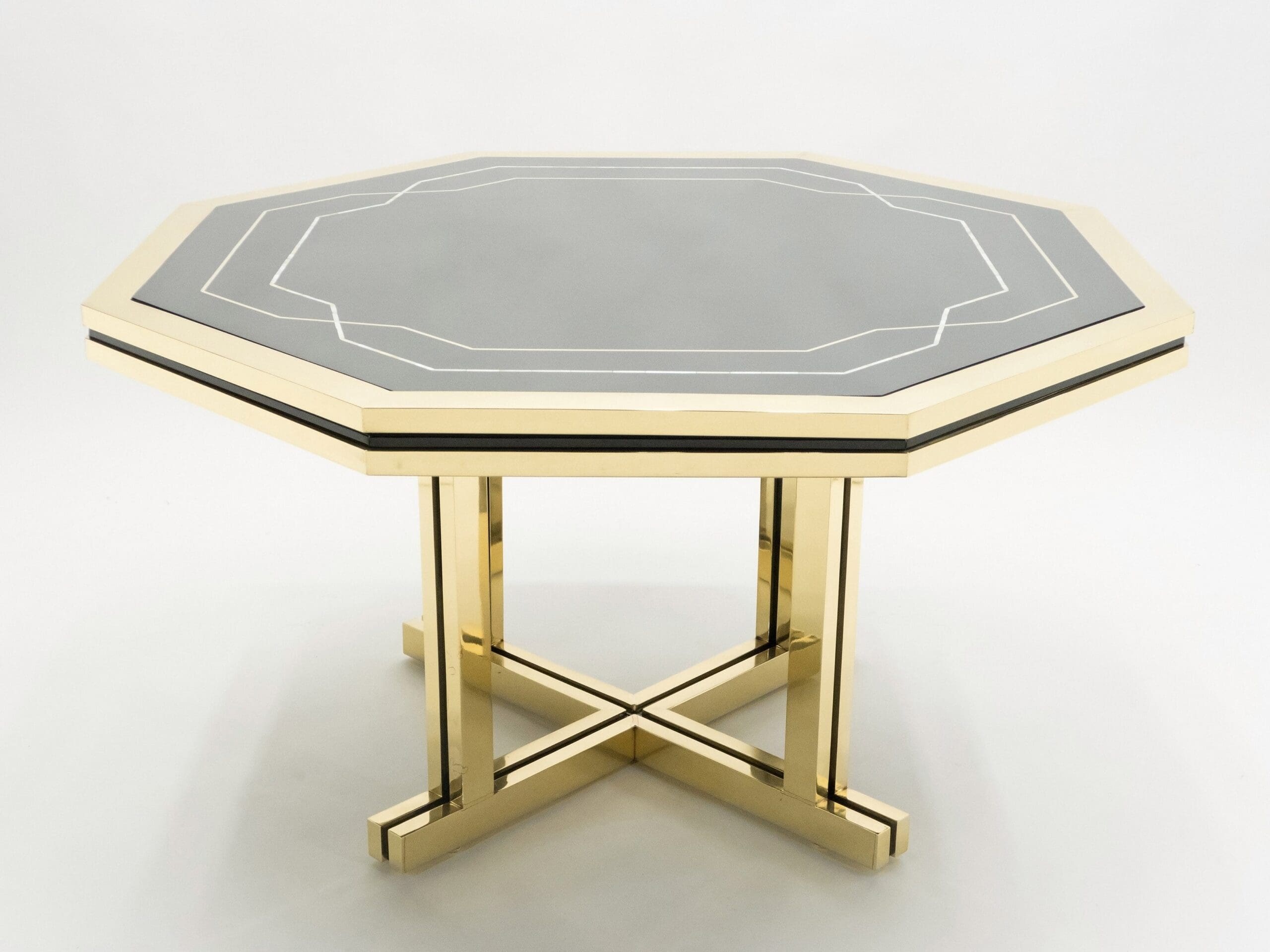 Table à Manger Octogonale en Laque Noire et Laiton de Maison Jansen, Années 1970