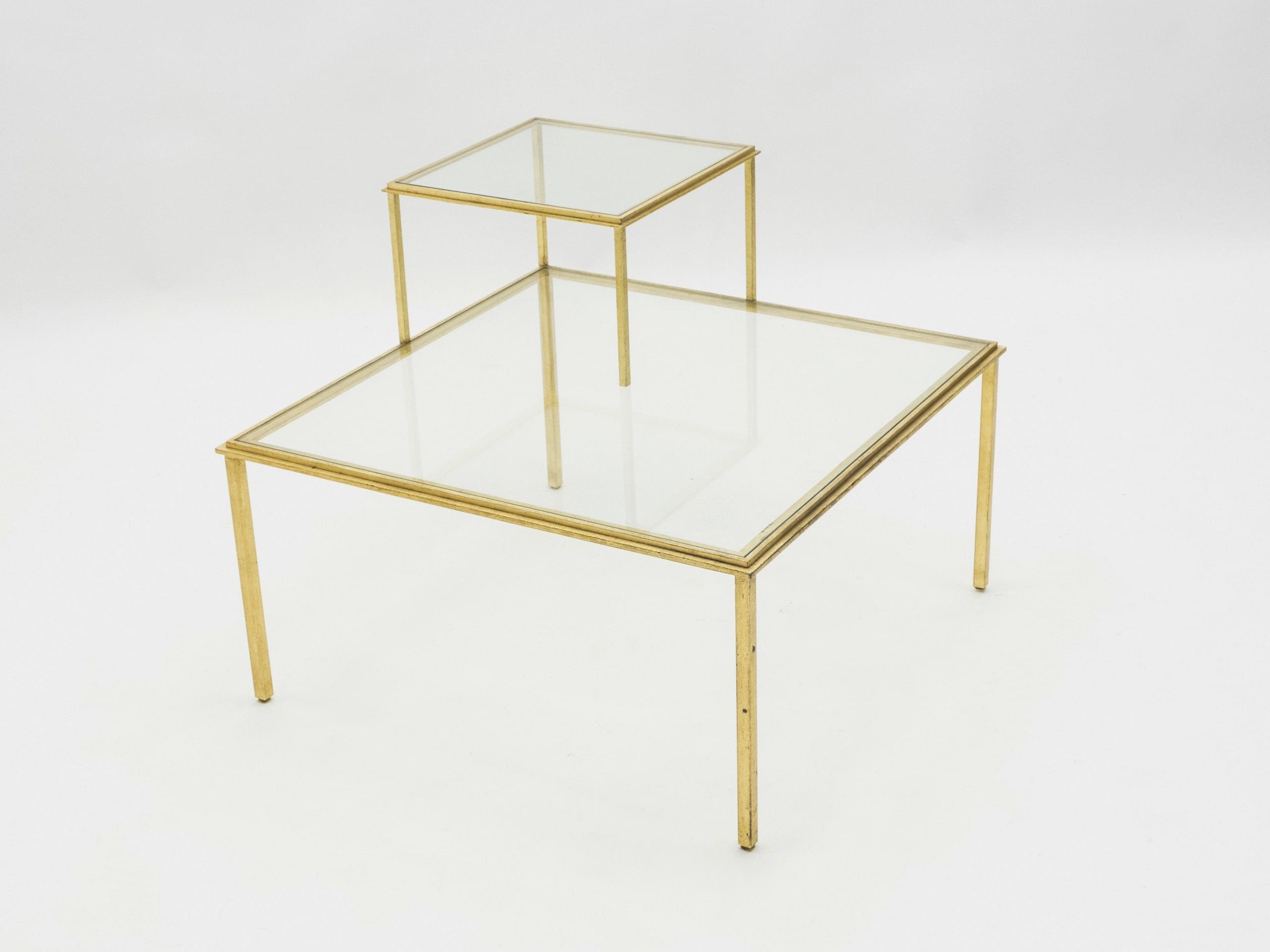 roger thibier gilt wrought iron glass coffee end table 1960s