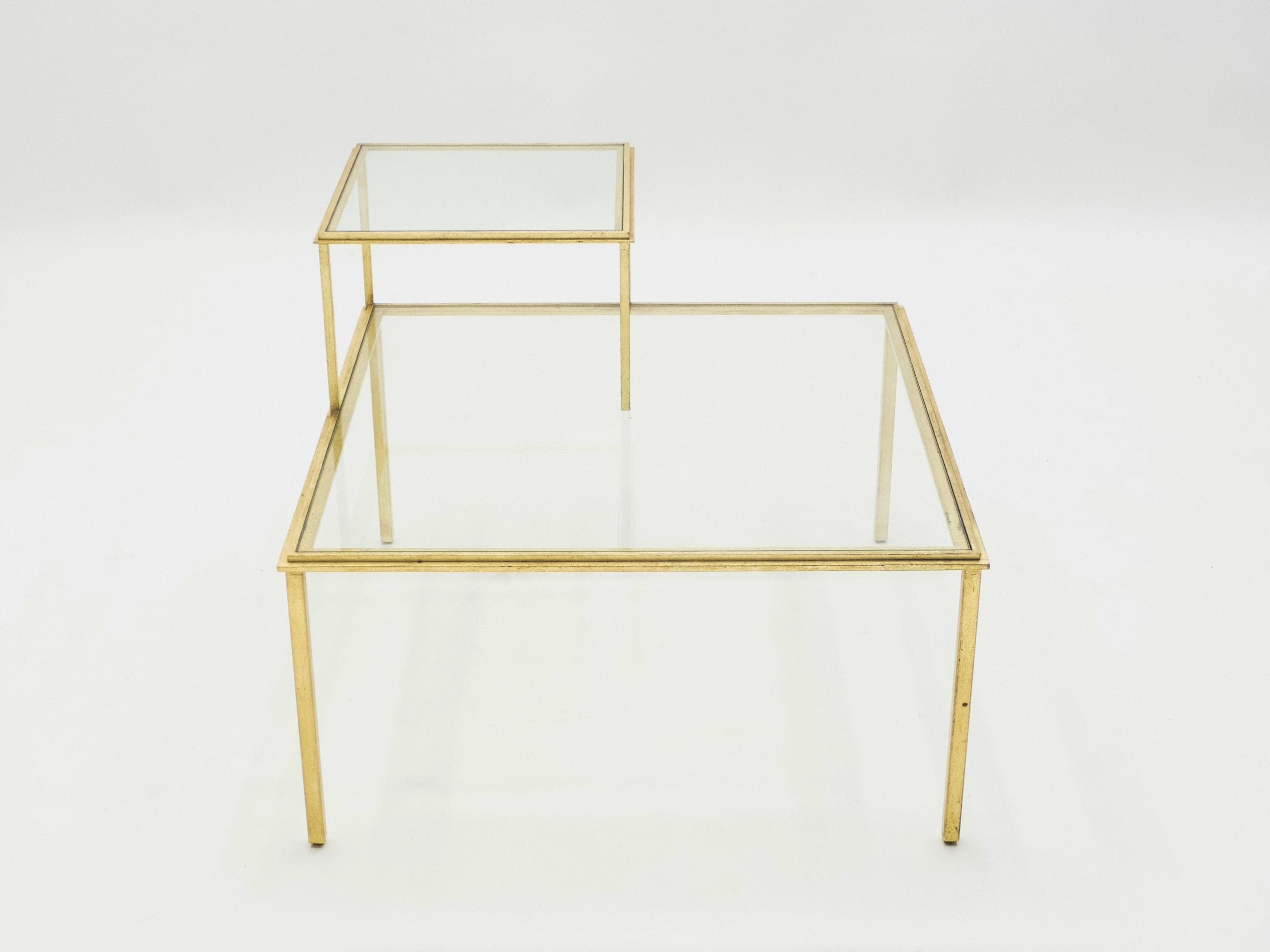roger thibier gilt wrought iron glass coffee end table 1960s