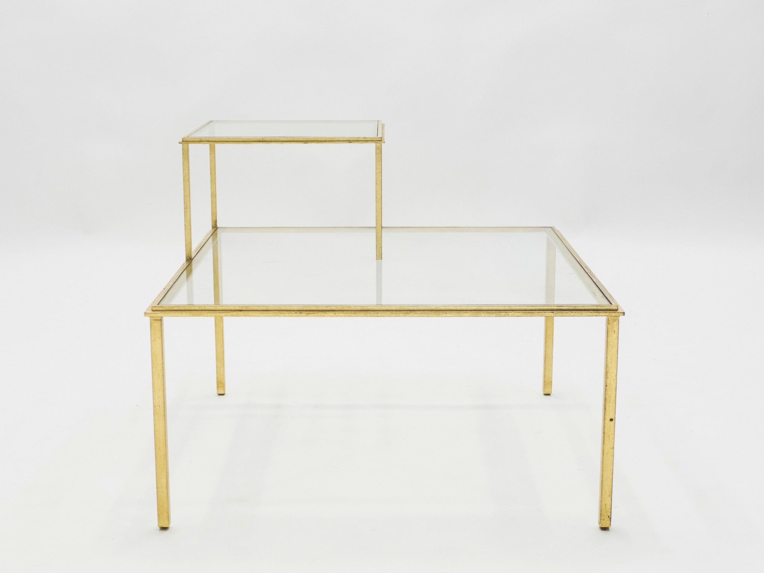roger thibier gilt wrought iron glass coffee end table 1960s