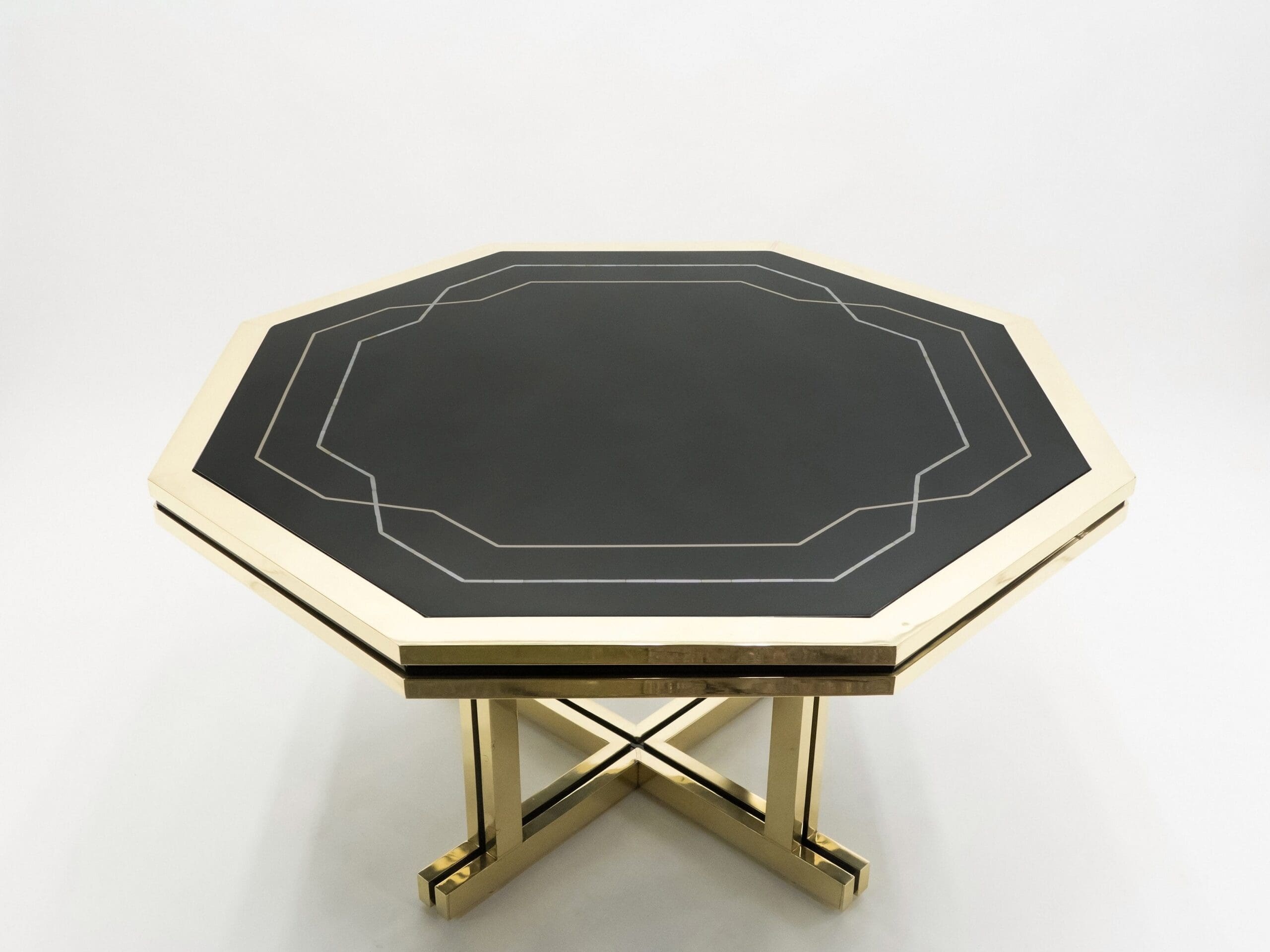 Table à Manger Octogonale en Laque Noire et Laiton de Maison Jansen, Années 1970