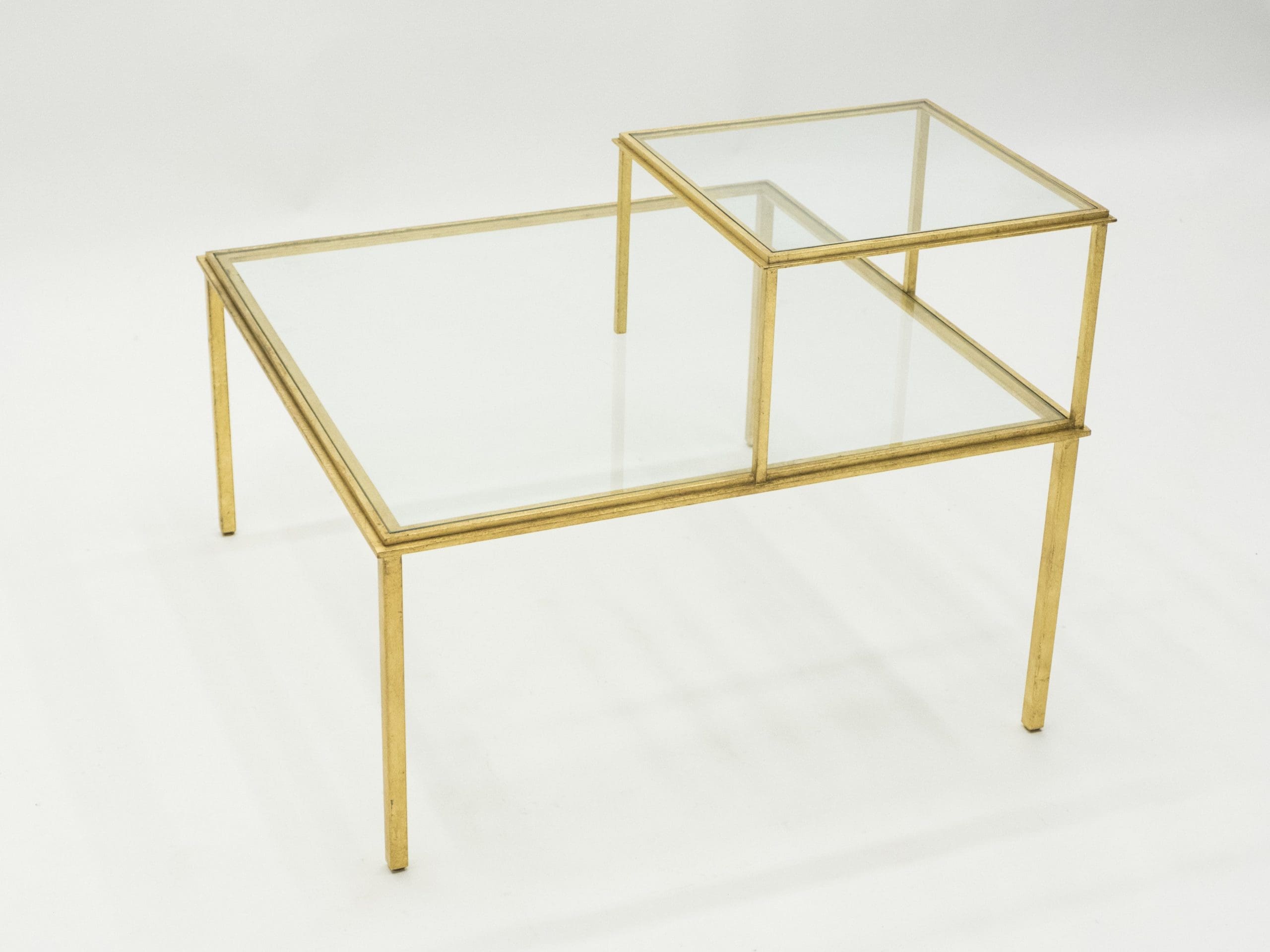 roger thibier gilt wrought iron glass coffee end table 1960s