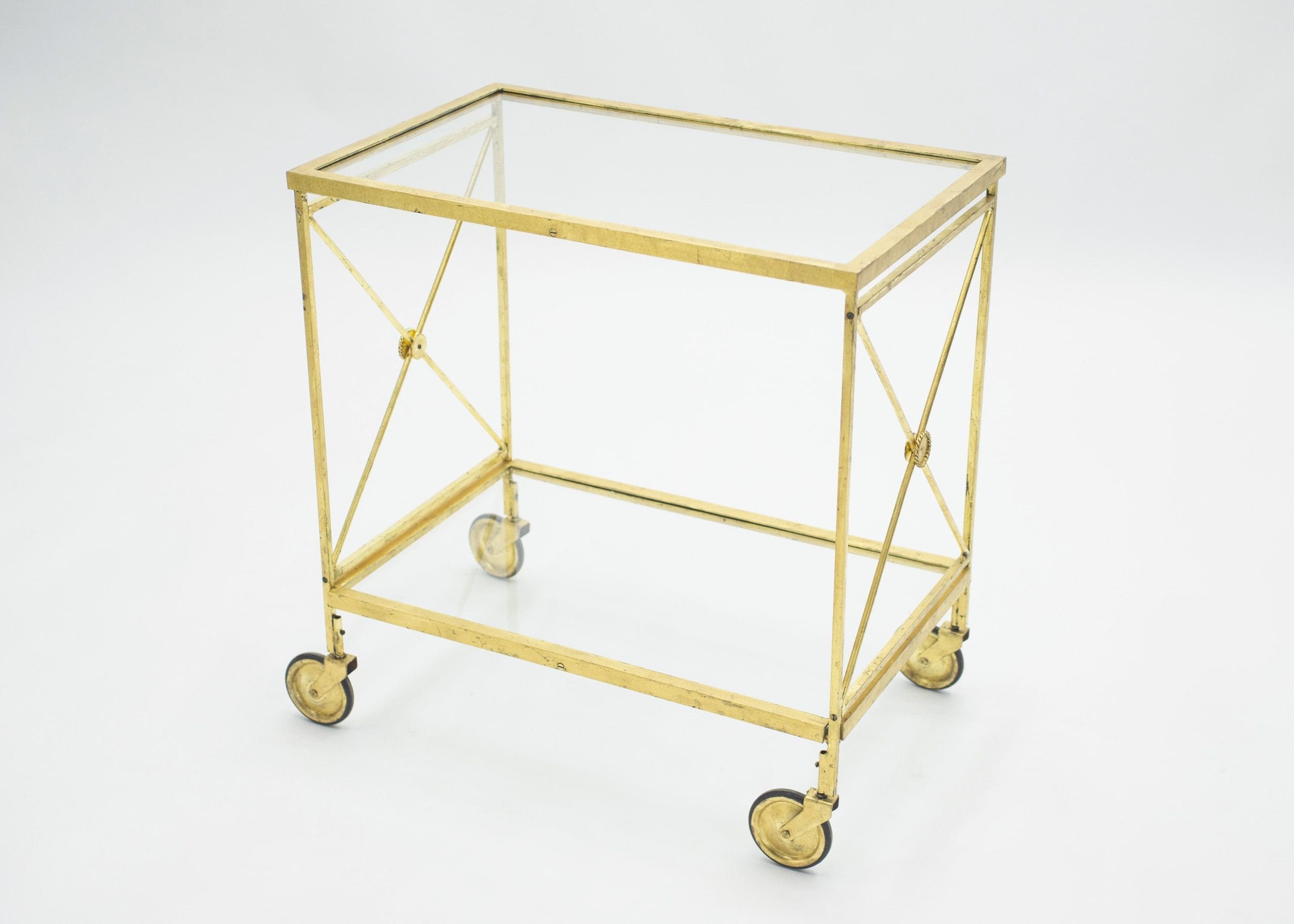 Chariot de Bar Néoclassique Français Maison Jansen en Fer Doré – Années 1960