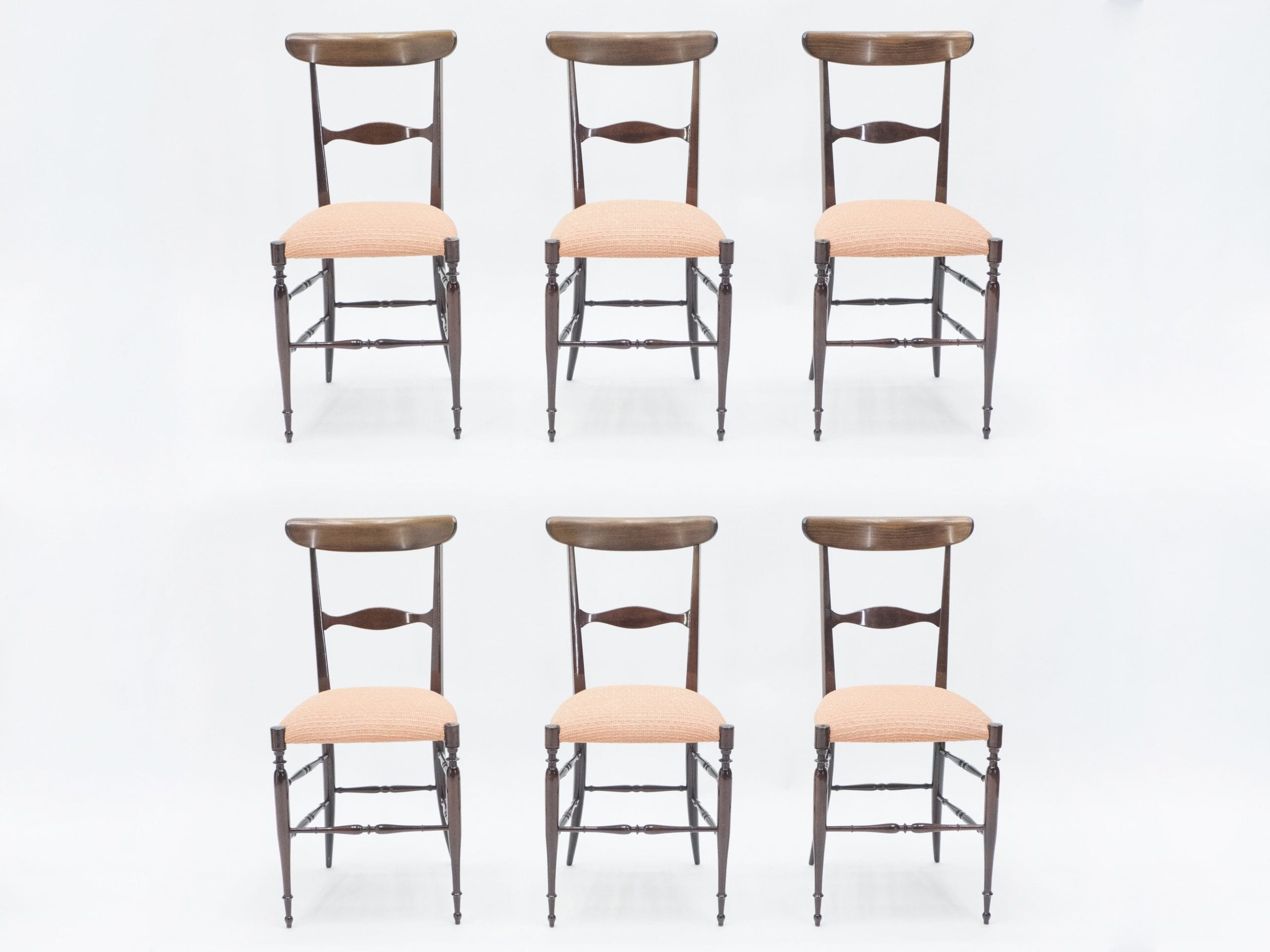 Ensemble rare de six chaises Campanino Chiavari en noyer par Fratelli Levaggi, 1950