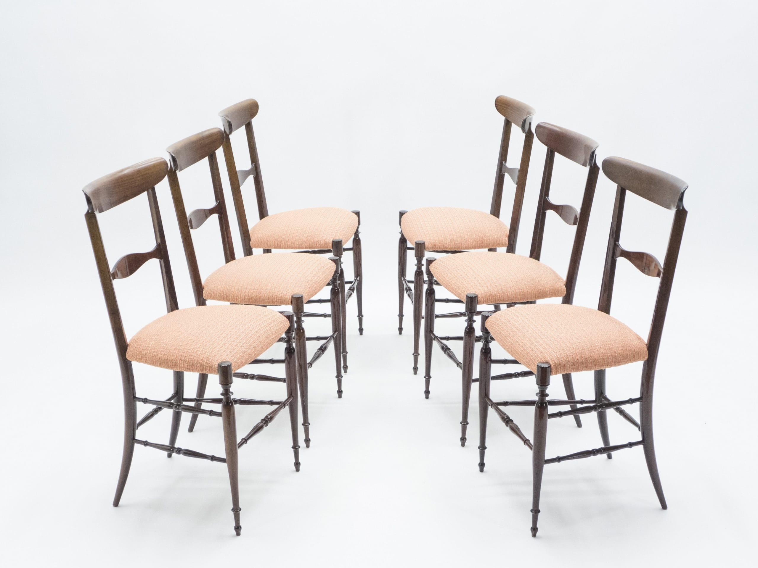 Ensemble rare de six chaises Campanino Chiavari en noyer par Fratelli Levaggi, 1950