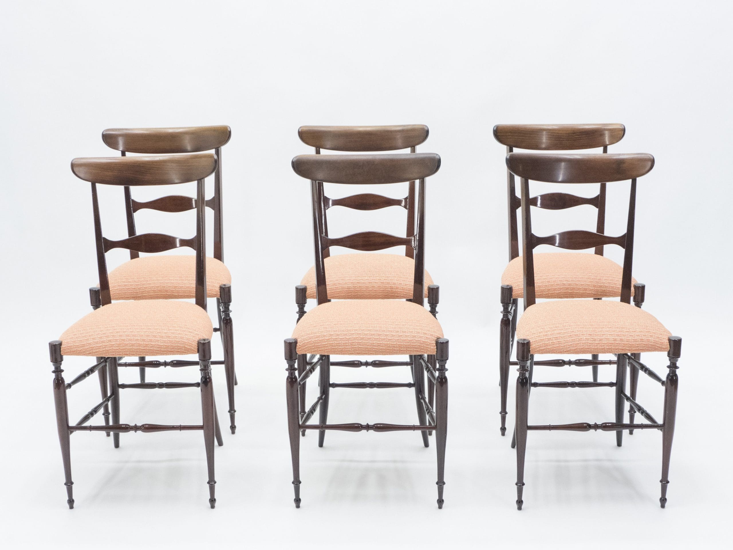 Ensemble rare de six chaises Campanino Chiavari en noyer par Fratelli Levaggi, 1950