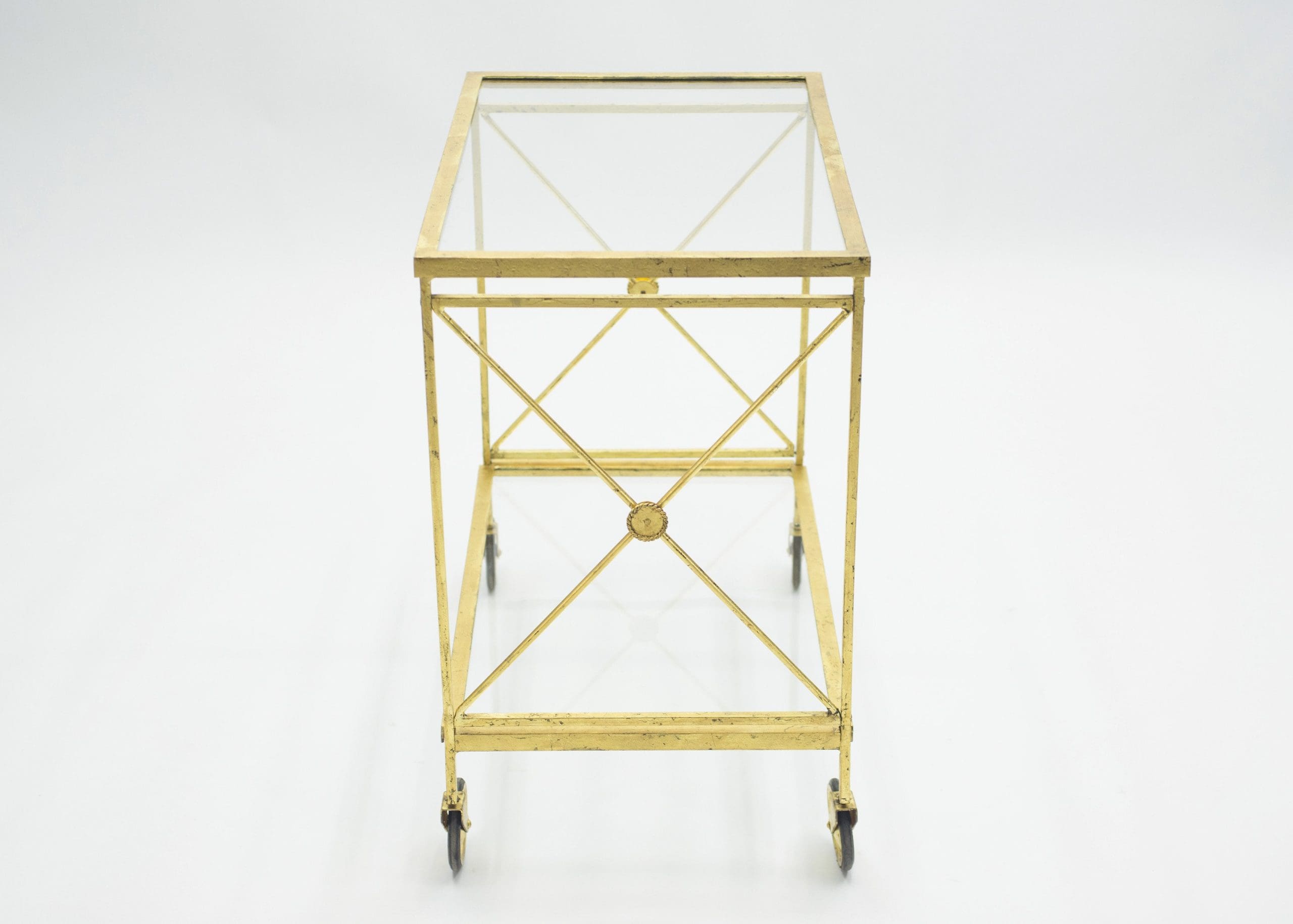 Chariot de Bar Néoclassique Français Maison Jansen en Fer Doré – Années 1960