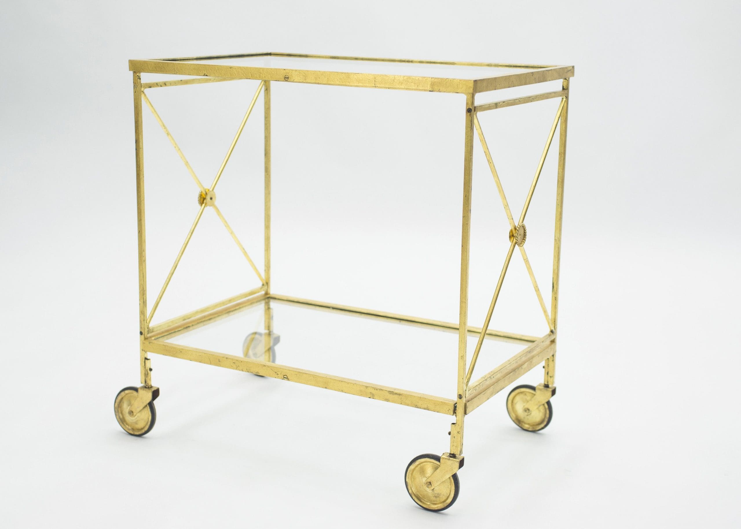 Chariot de Bar Néoclassique Français Maison Jansen en Fer Doré – Années 1960