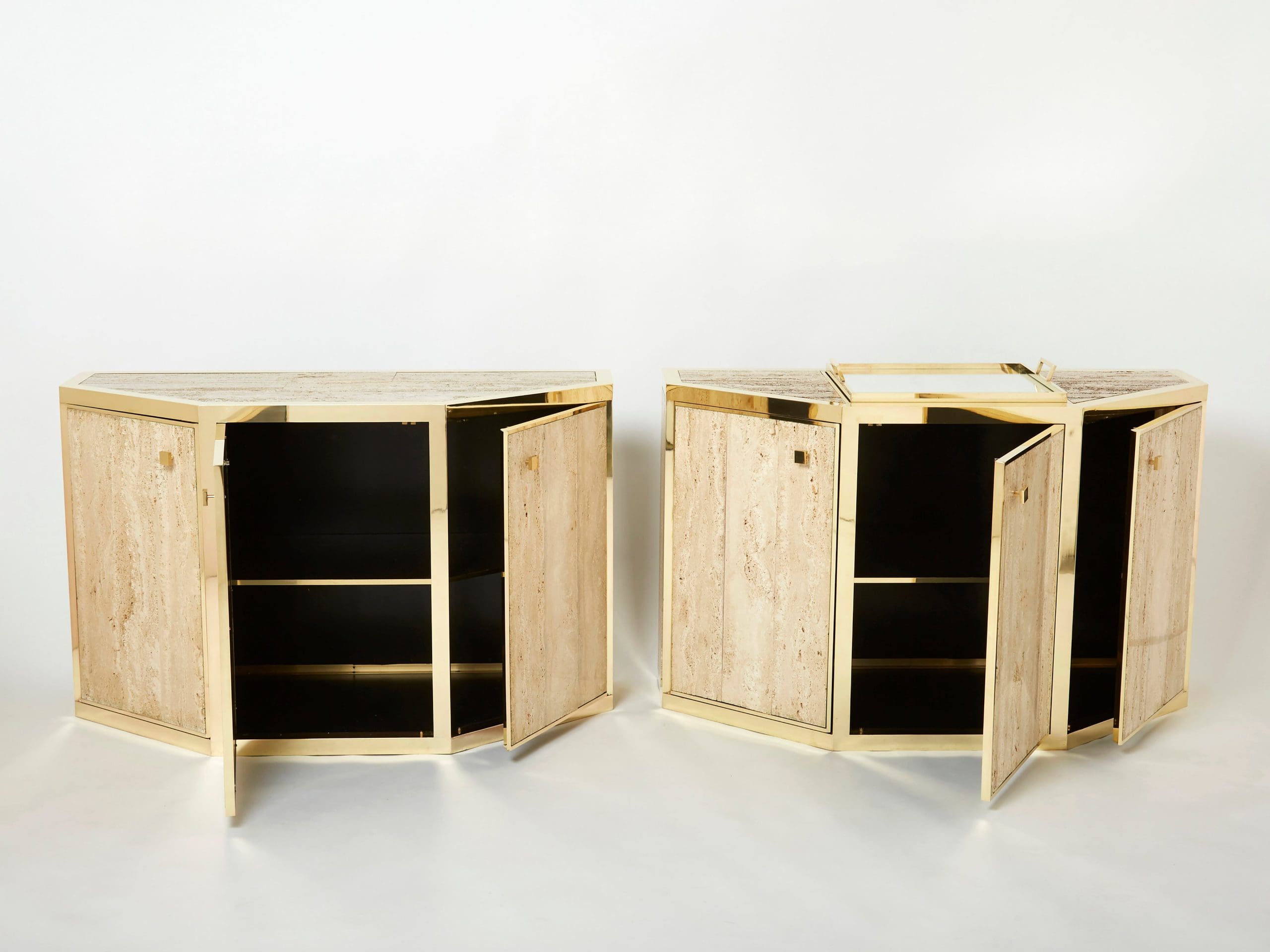 Paire de Buffets en Laiton et Travertin par Alfredo Freda, 1975