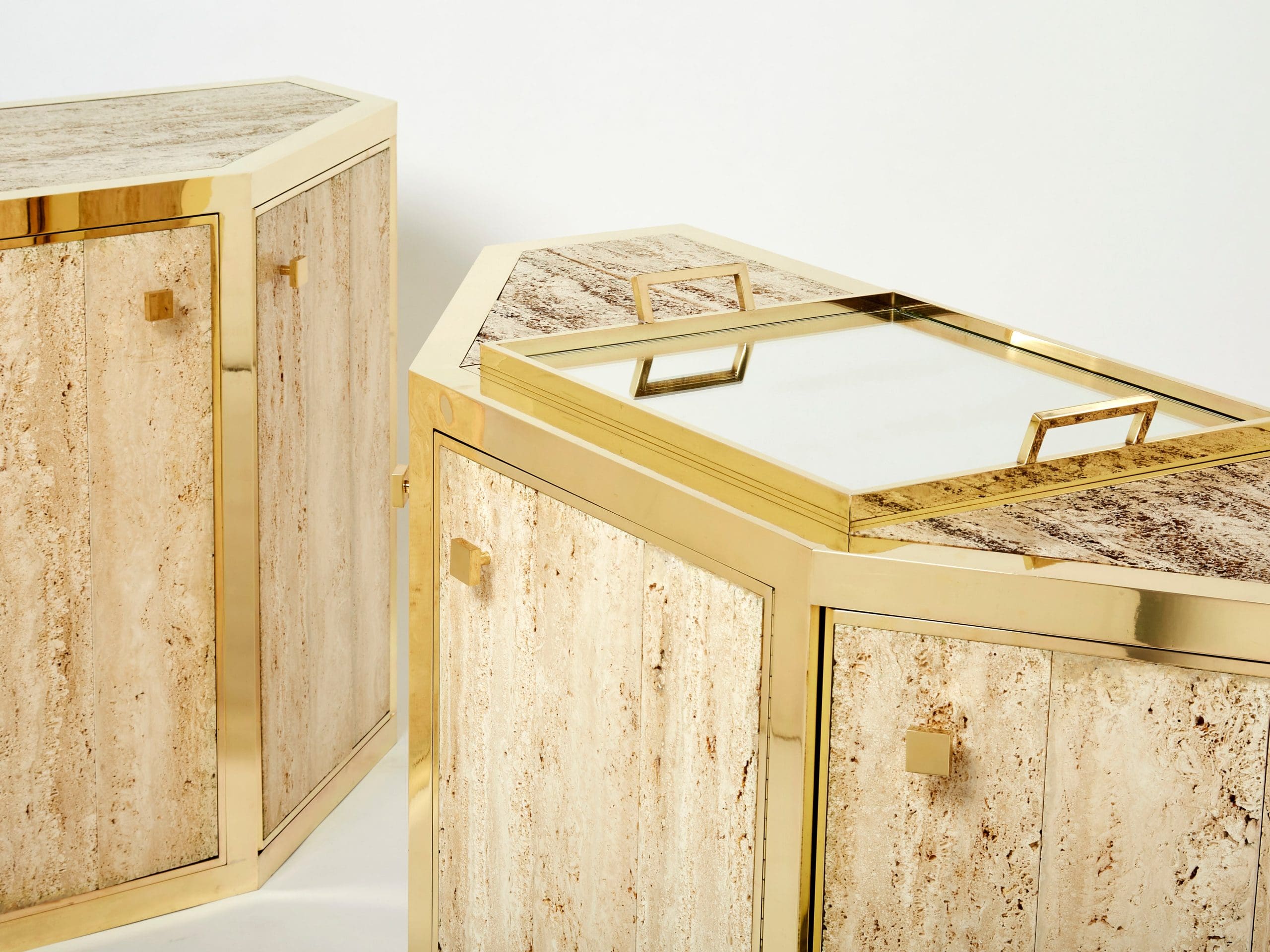 Paire de Buffets en Laiton et Travertin par Alfredo Freda, 1975