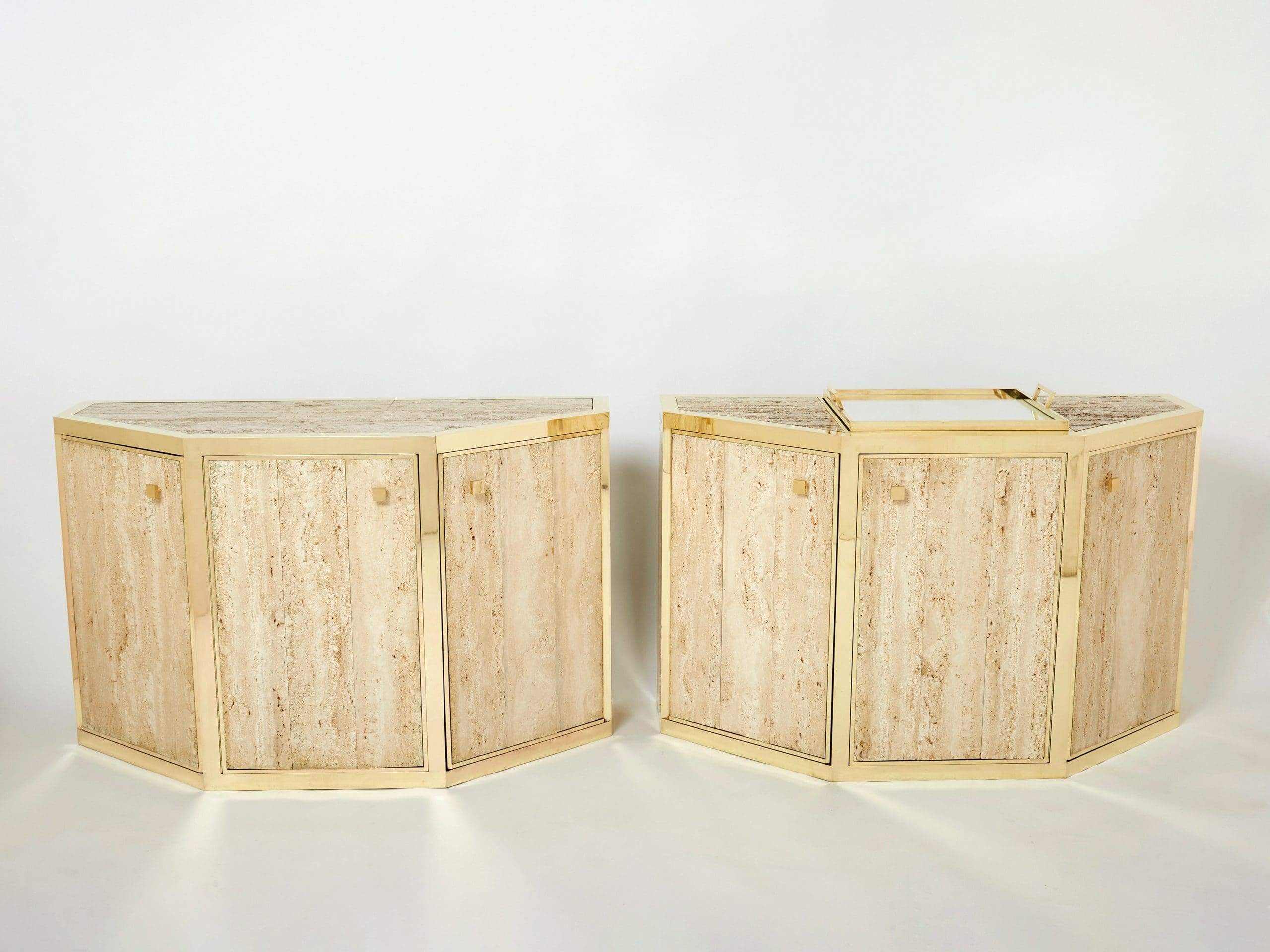 Paire de Buffets en Laiton et Travertin par Alfredo Freda, 1975