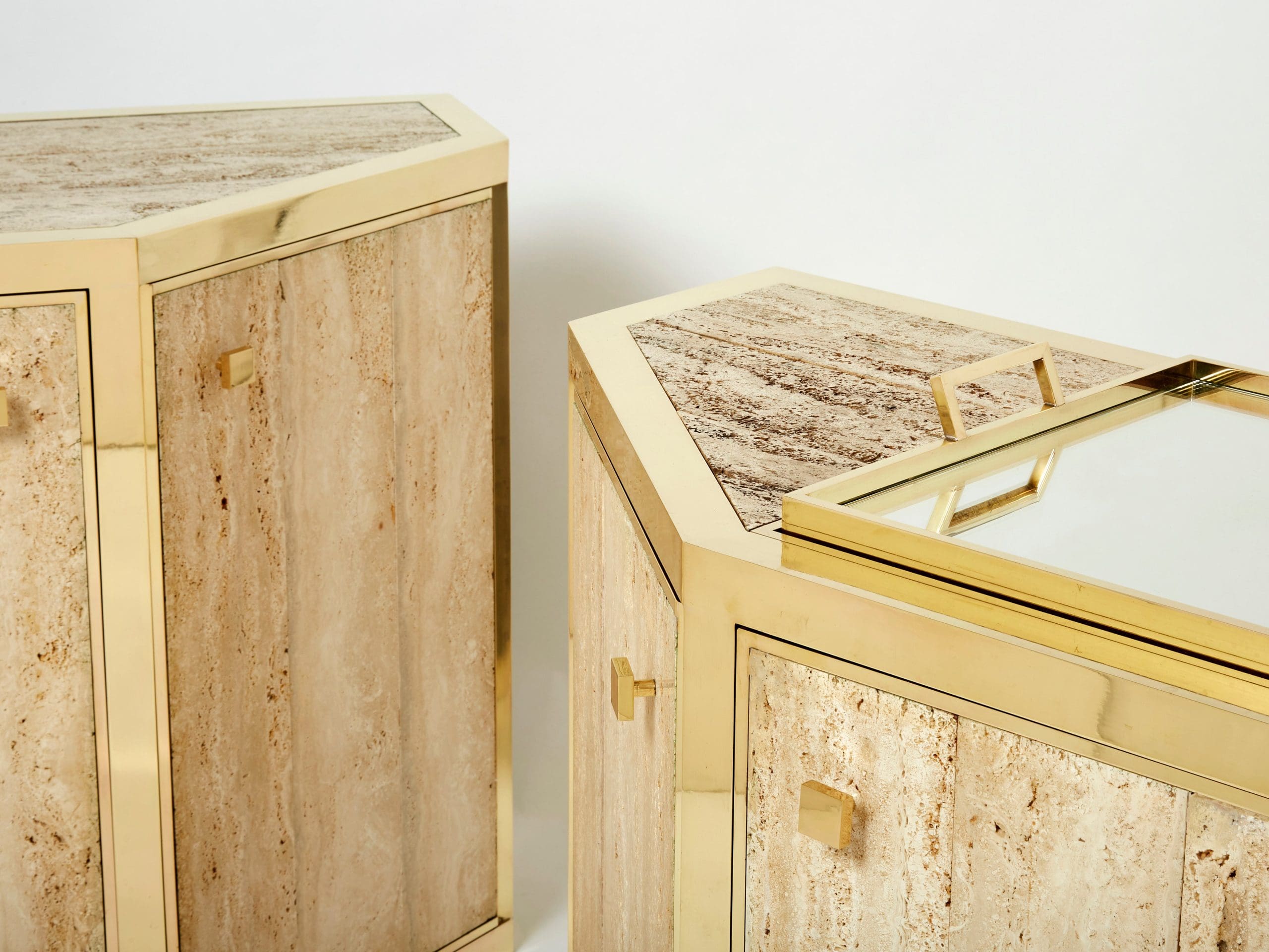 Paire de Buffets en Laiton et Travertin par Alfredo Freda, 1975