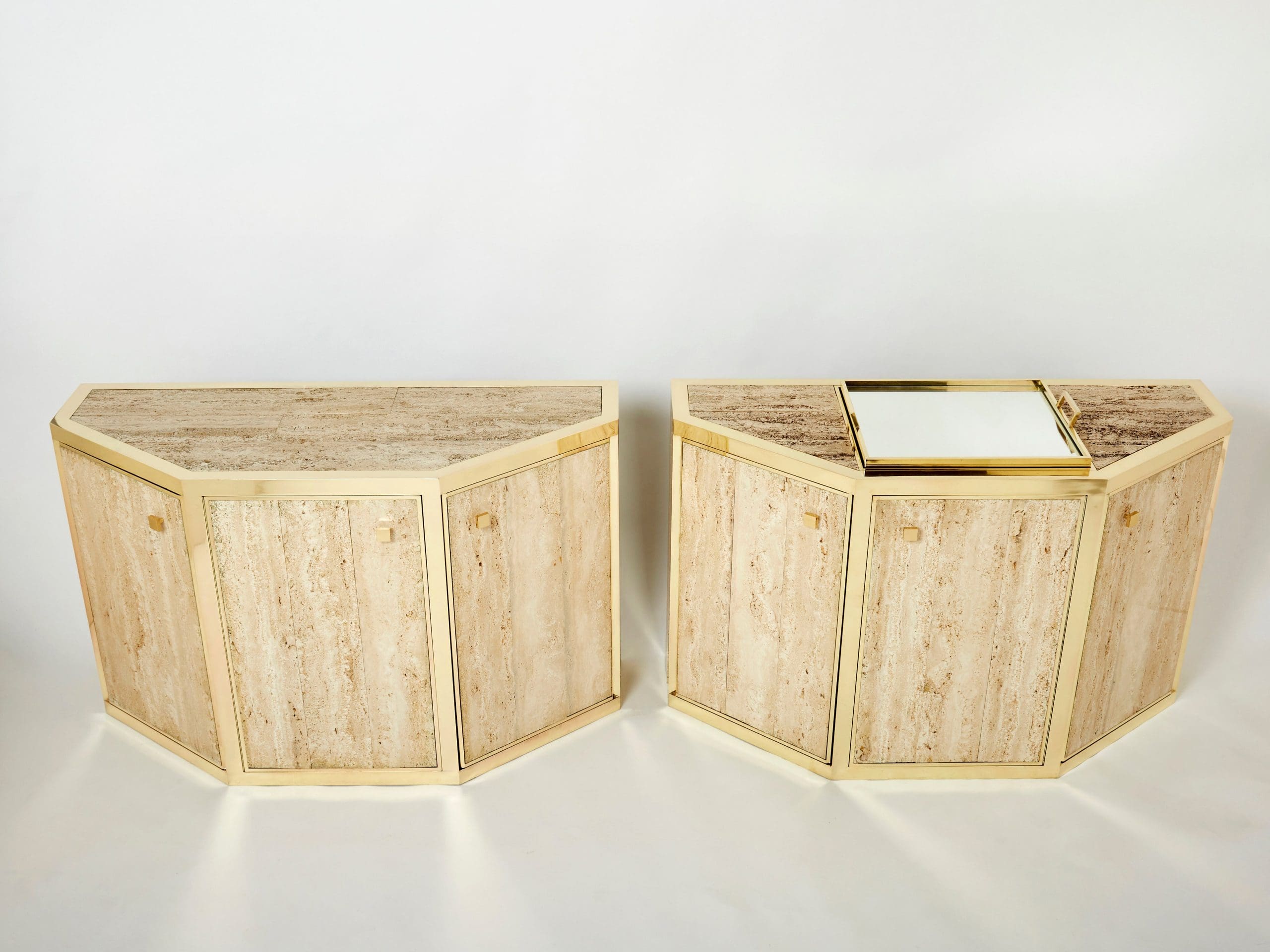 Paire de Buffets en Laiton et Travertin par Alfredo Freda, 1975