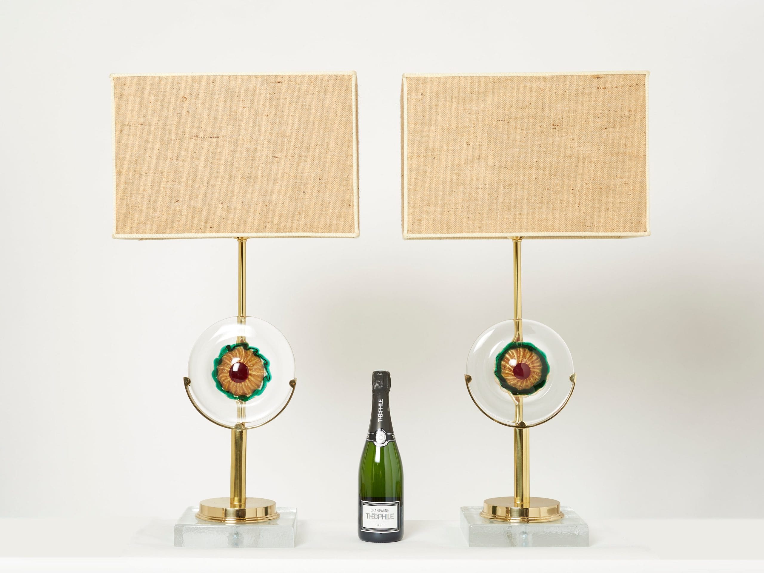 Paire de Lampes de Table en Verre Murano Italien, Laiton et Rotin, Années 1970