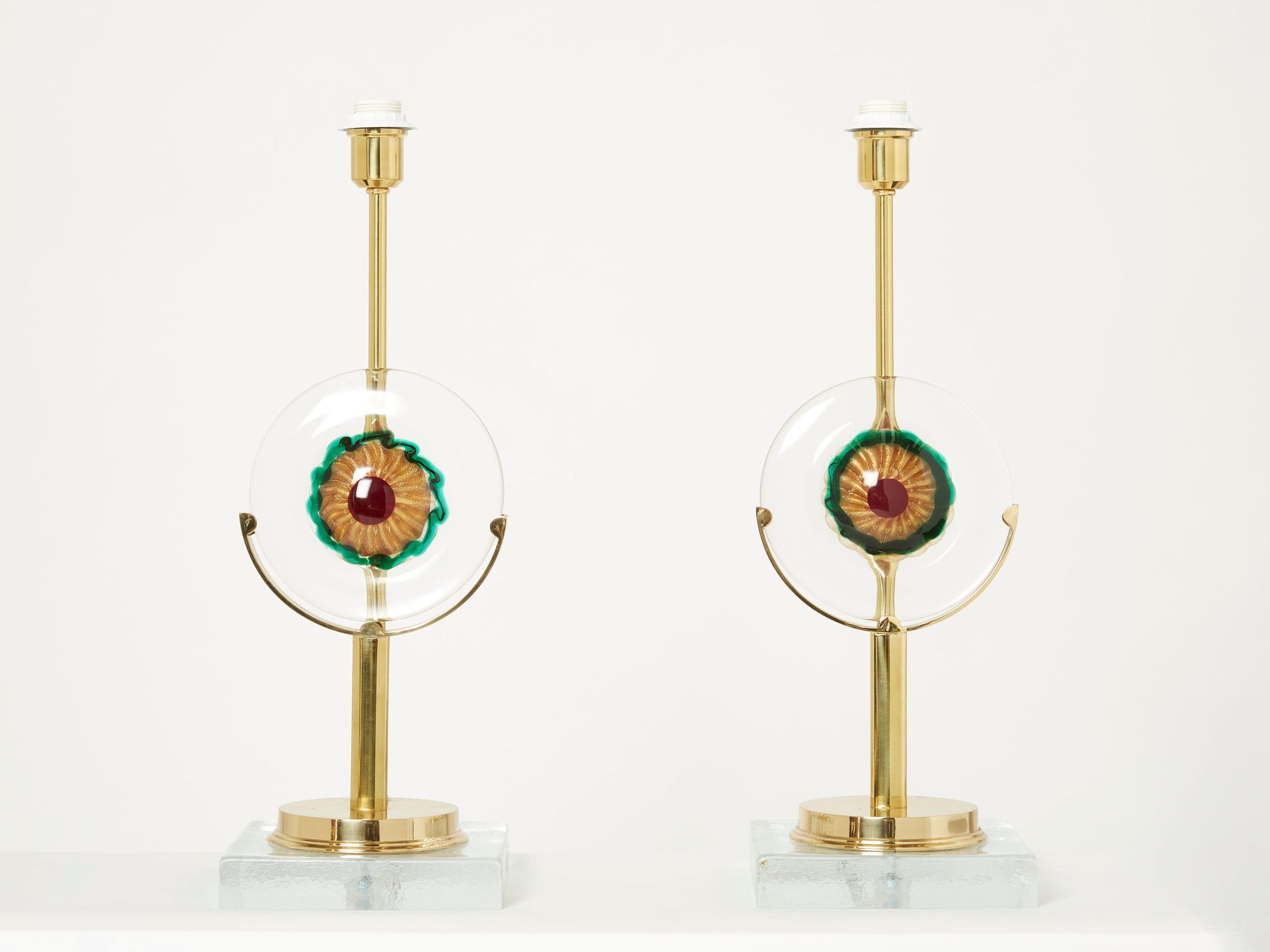 Paire de Lampes de Table en Verre Murano Italien, Laiton et Rotin, Années 1970