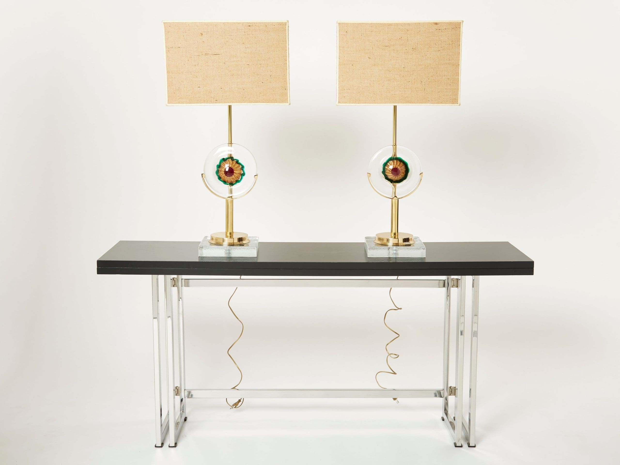 Paire de Lampes de Table en Verre Murano Italien, Laiton et Rotin, Années 1970