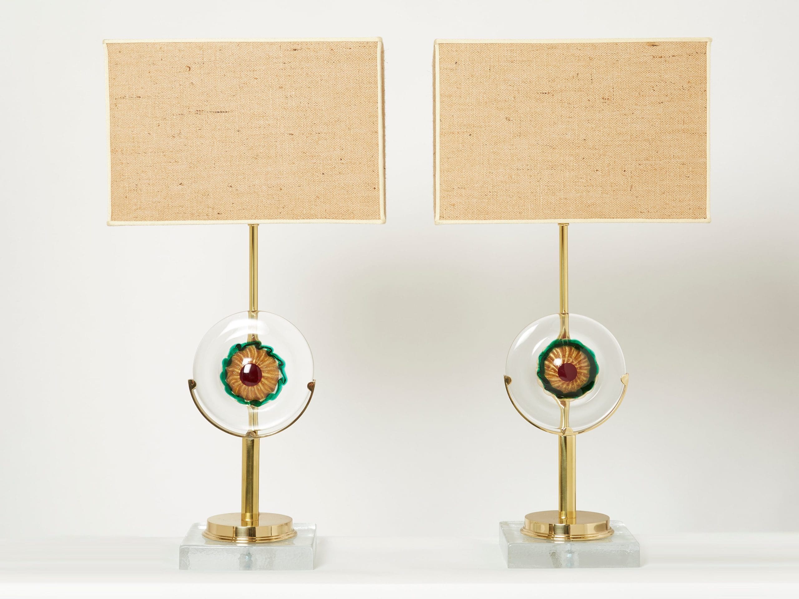 Paire de Lampes de Table en Verre Murano Italien, Laiton et Rotin, Années 1970