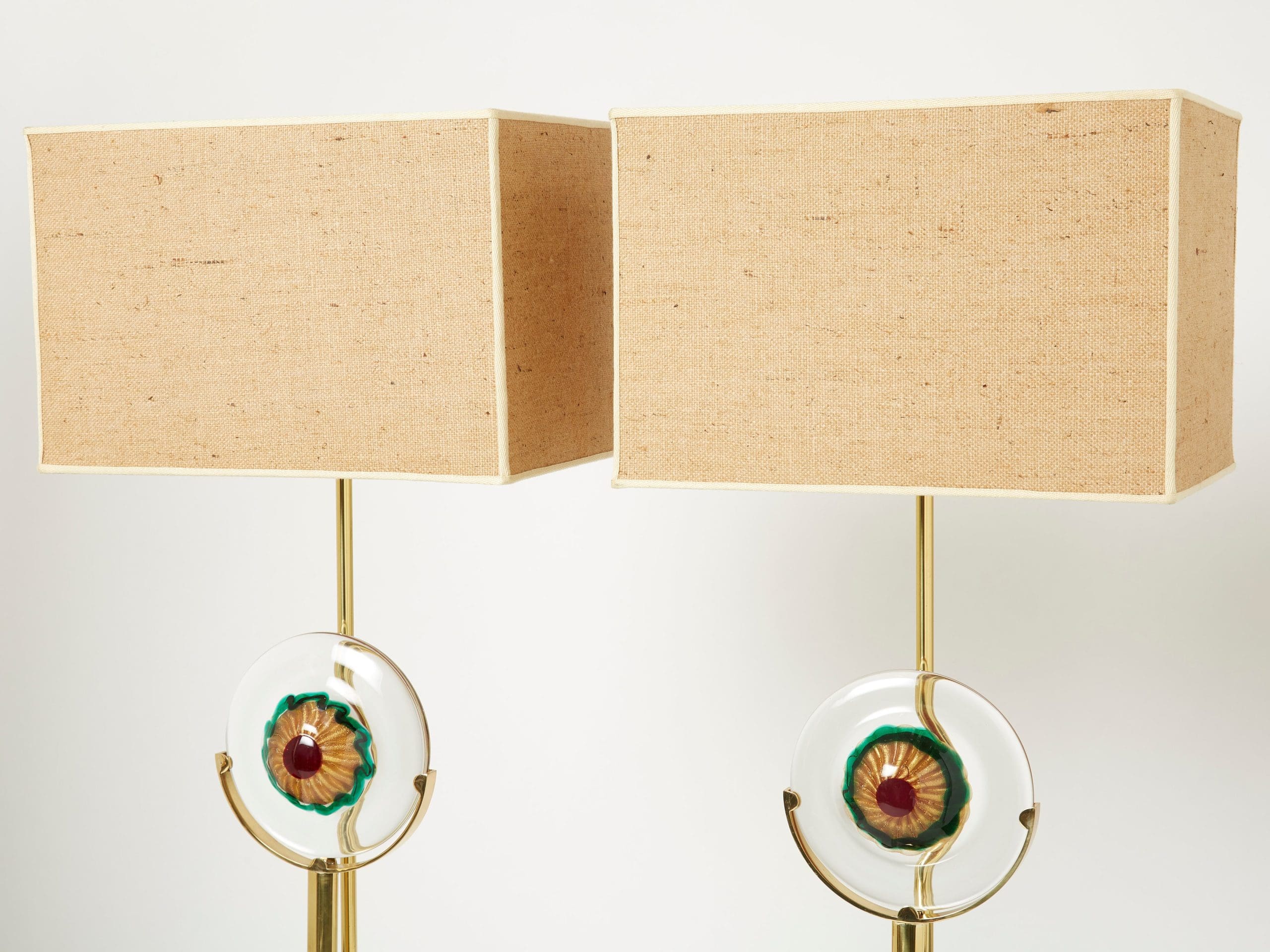 Paire de Lampes de Table en Verre Murano Italien, Laiton et Rotin, Années 1970
