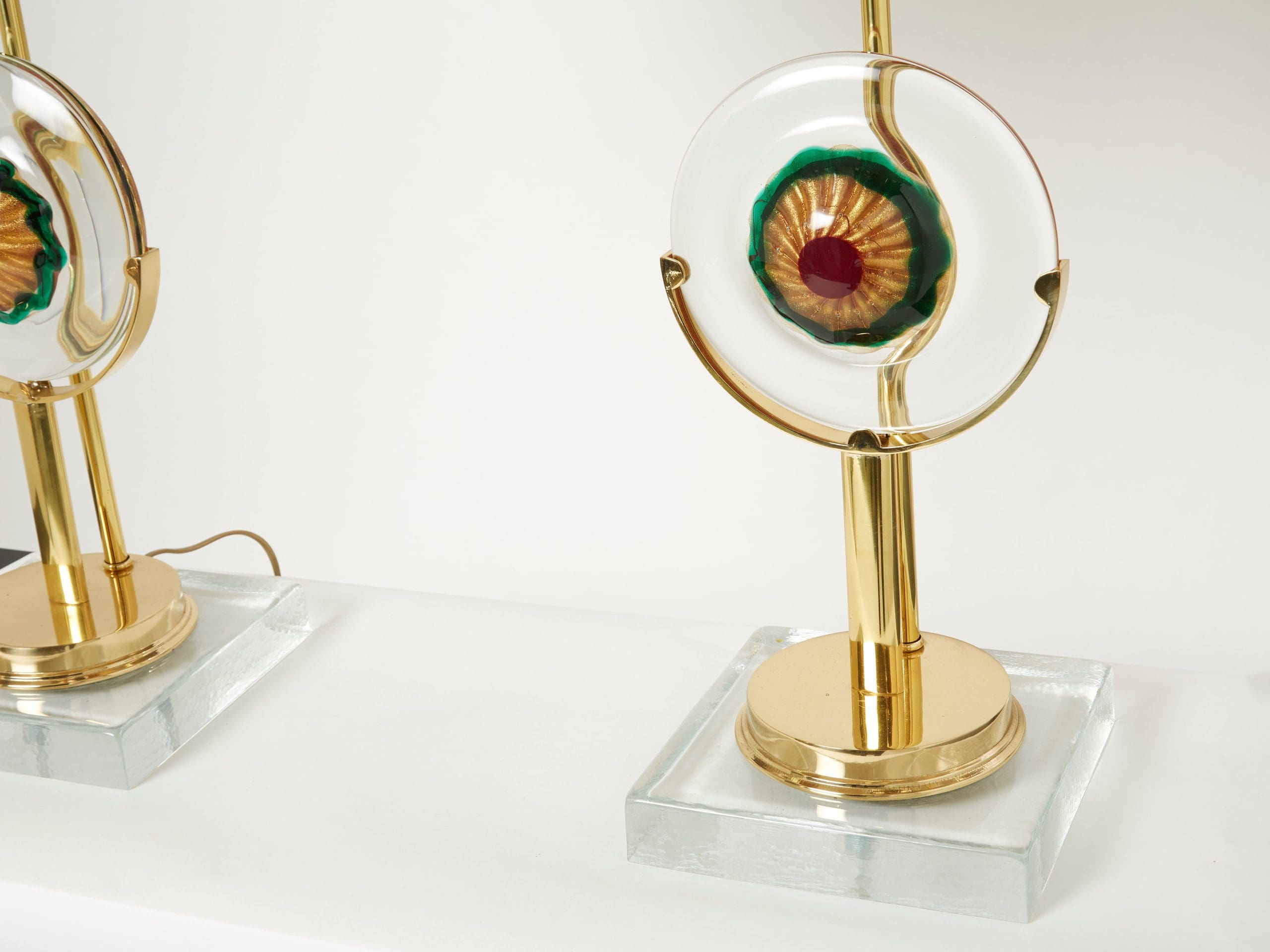 Paire de Lampes de Table en Verre Murano Italien, Laiton et Rotin, Années 1970