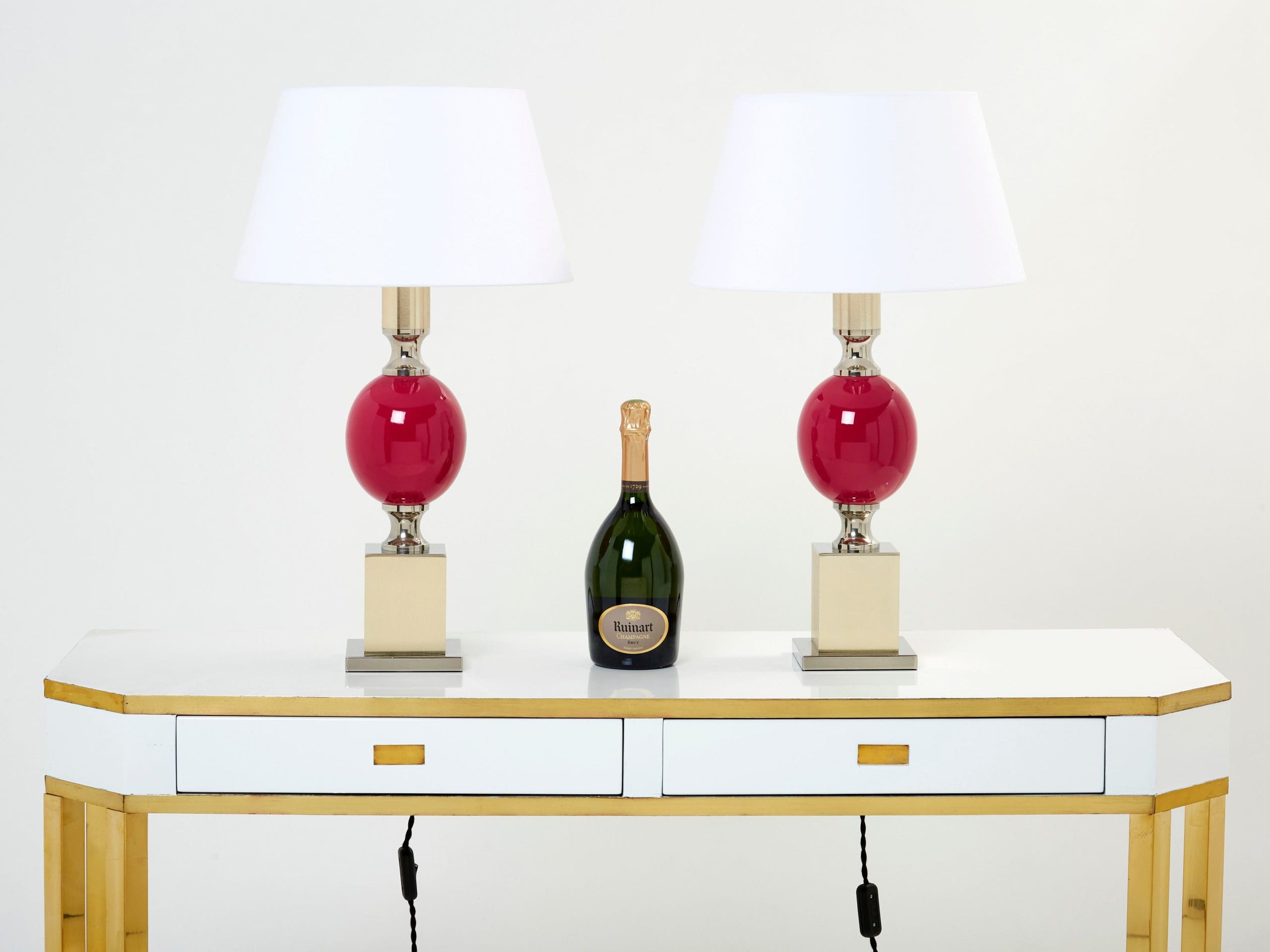 Paire de Lampes de Table en Céramique Émaillée Fuchsia par Philippe Barbier, Années 1970
