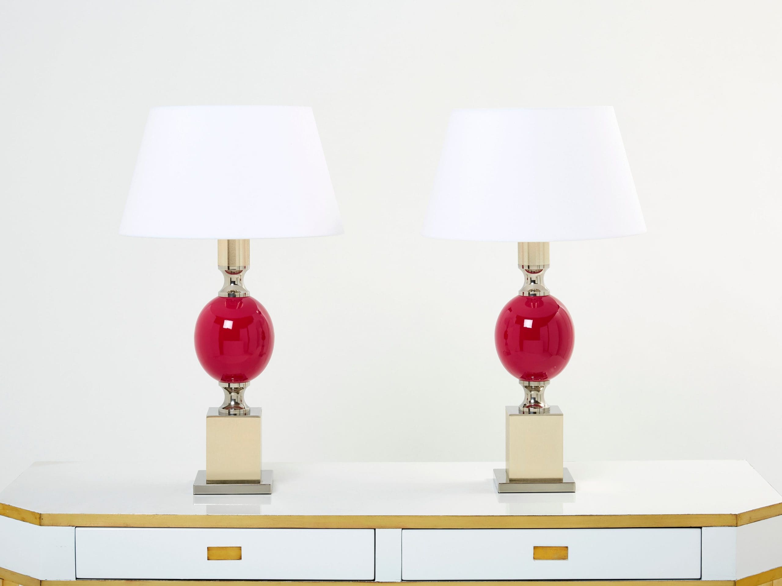 Paire de Lampes de Table en Céramique Émaillée Fuchsia par Philippe Barbier, Années 1970