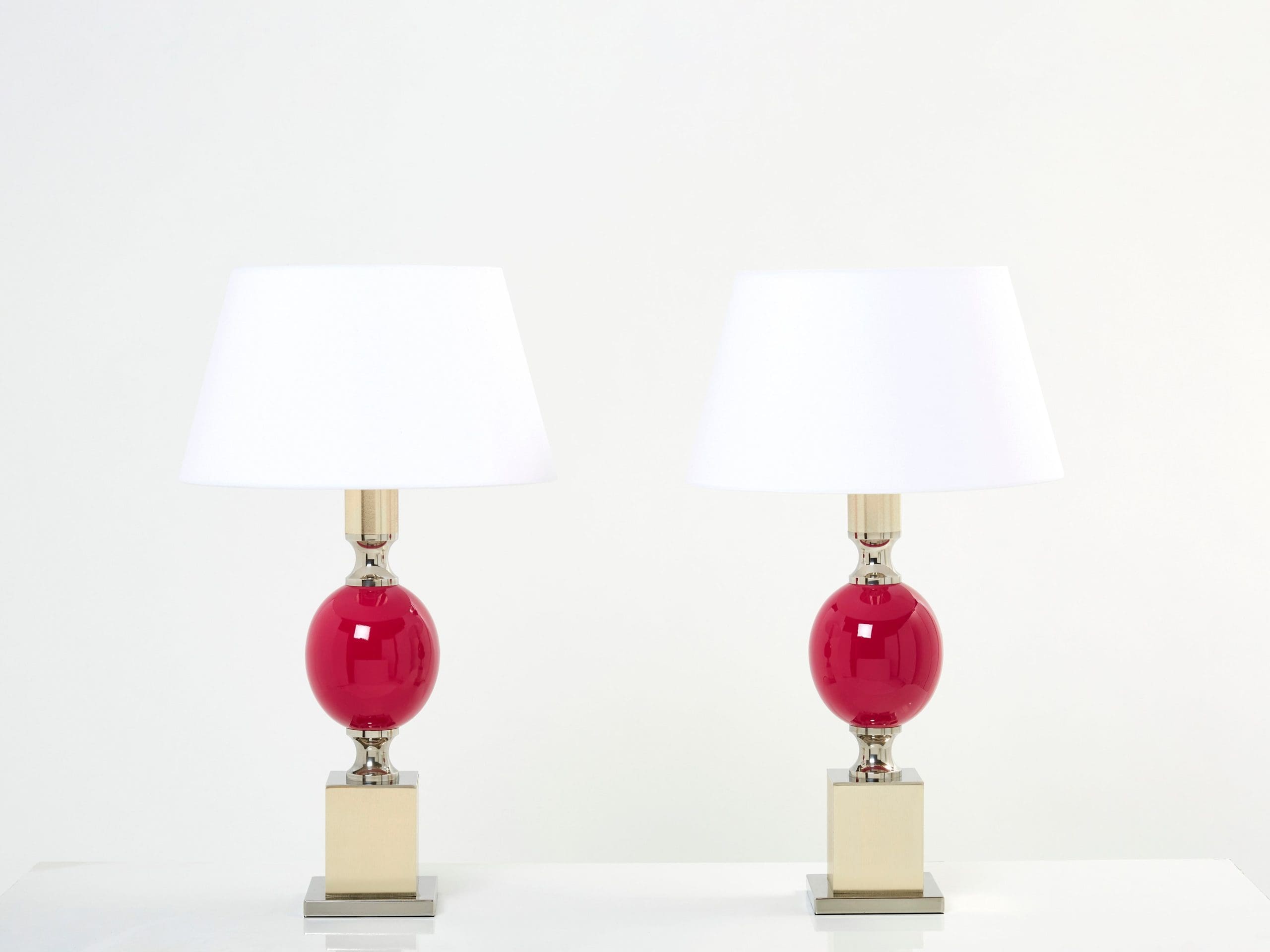 Paire de Lampes de Table en Céramique Émaillée Fuchsia par Philippe Barbier, Années 1970