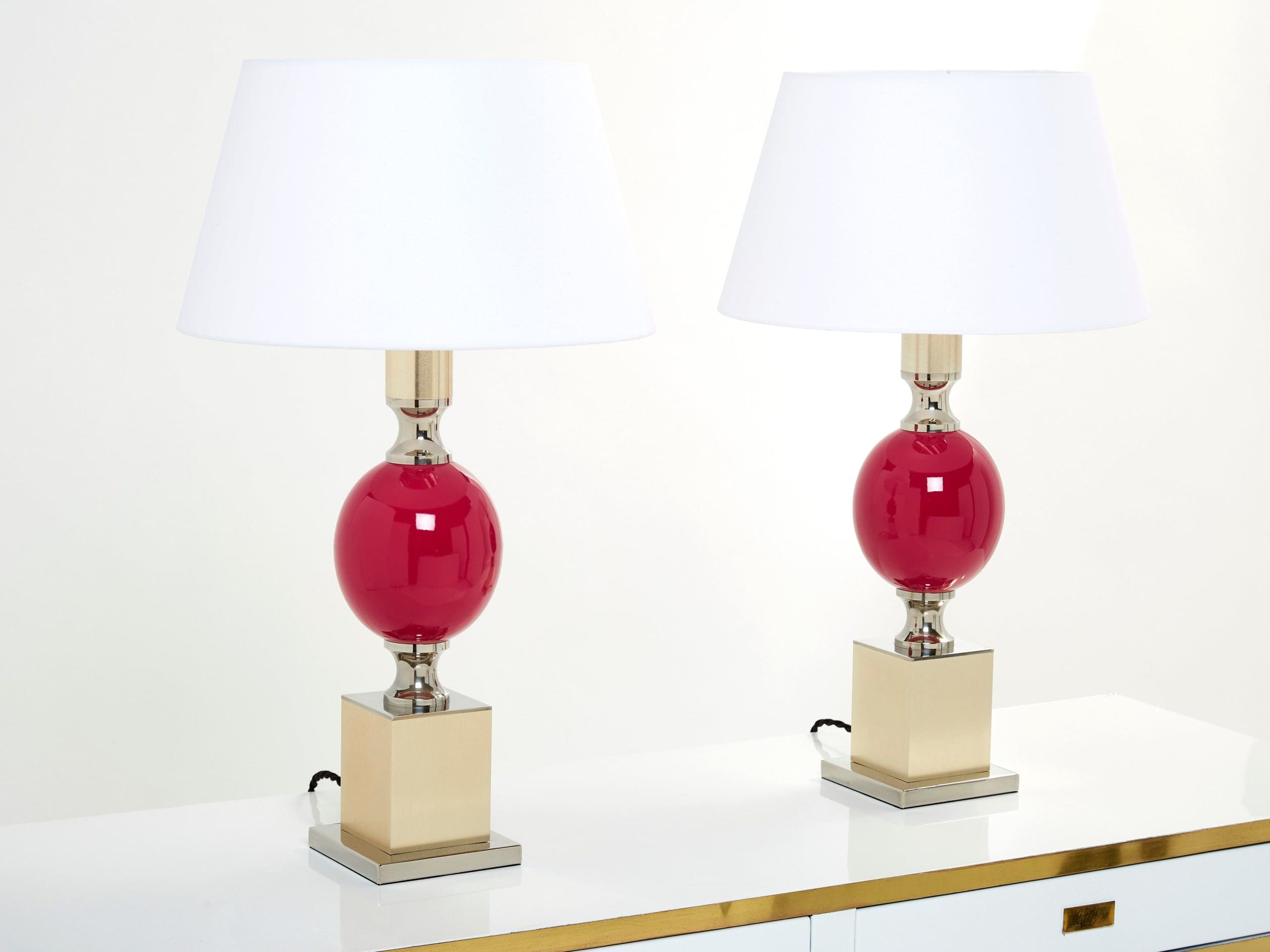 Paire de Lampes de Table en Céramique Émaillée Fuchsia par Philippe Barbier, Années 1970