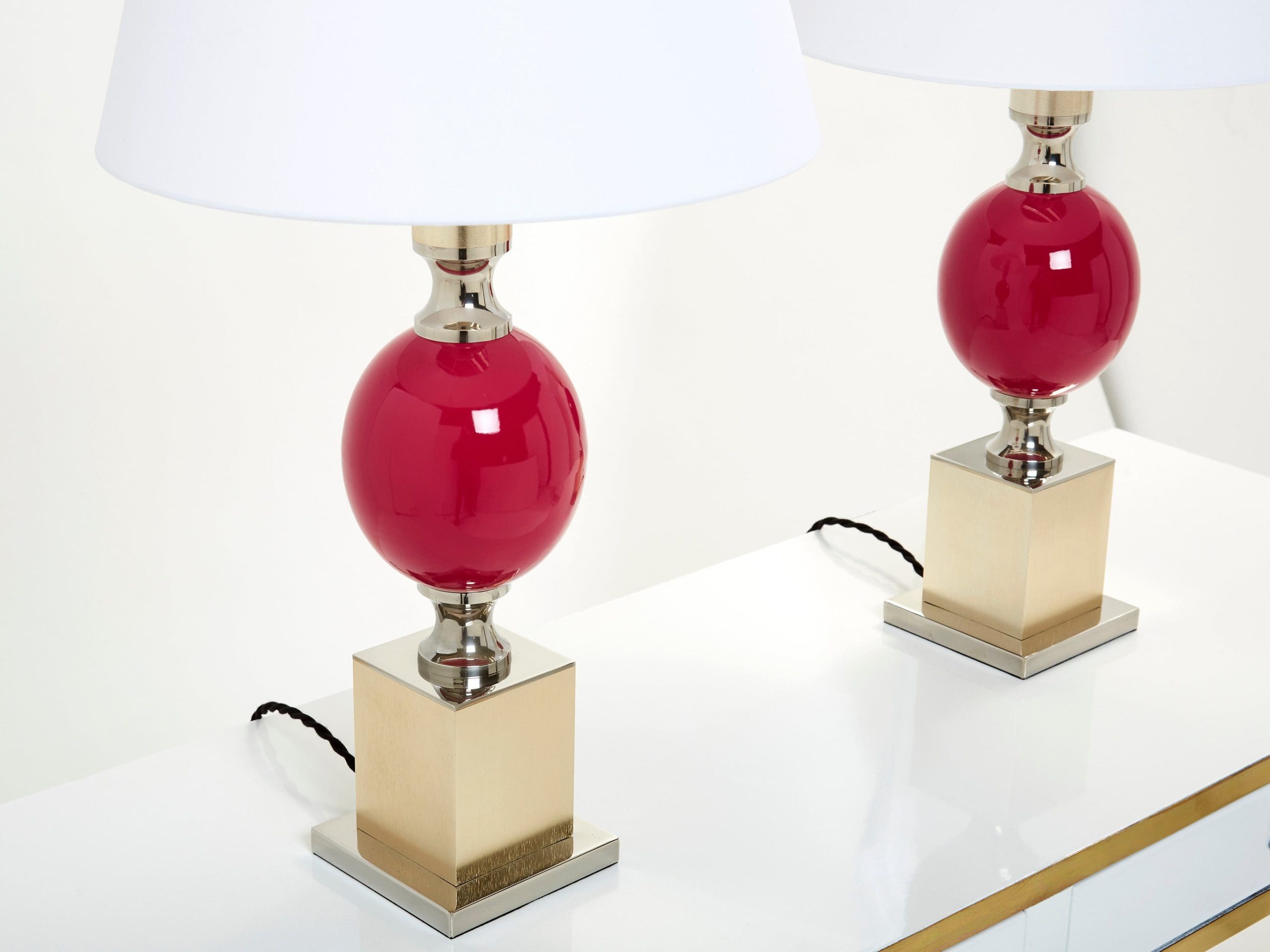 Paire de Lampes de Table en Céramique Émaillée Fuchsia par Philippe Barbier, Années 1970