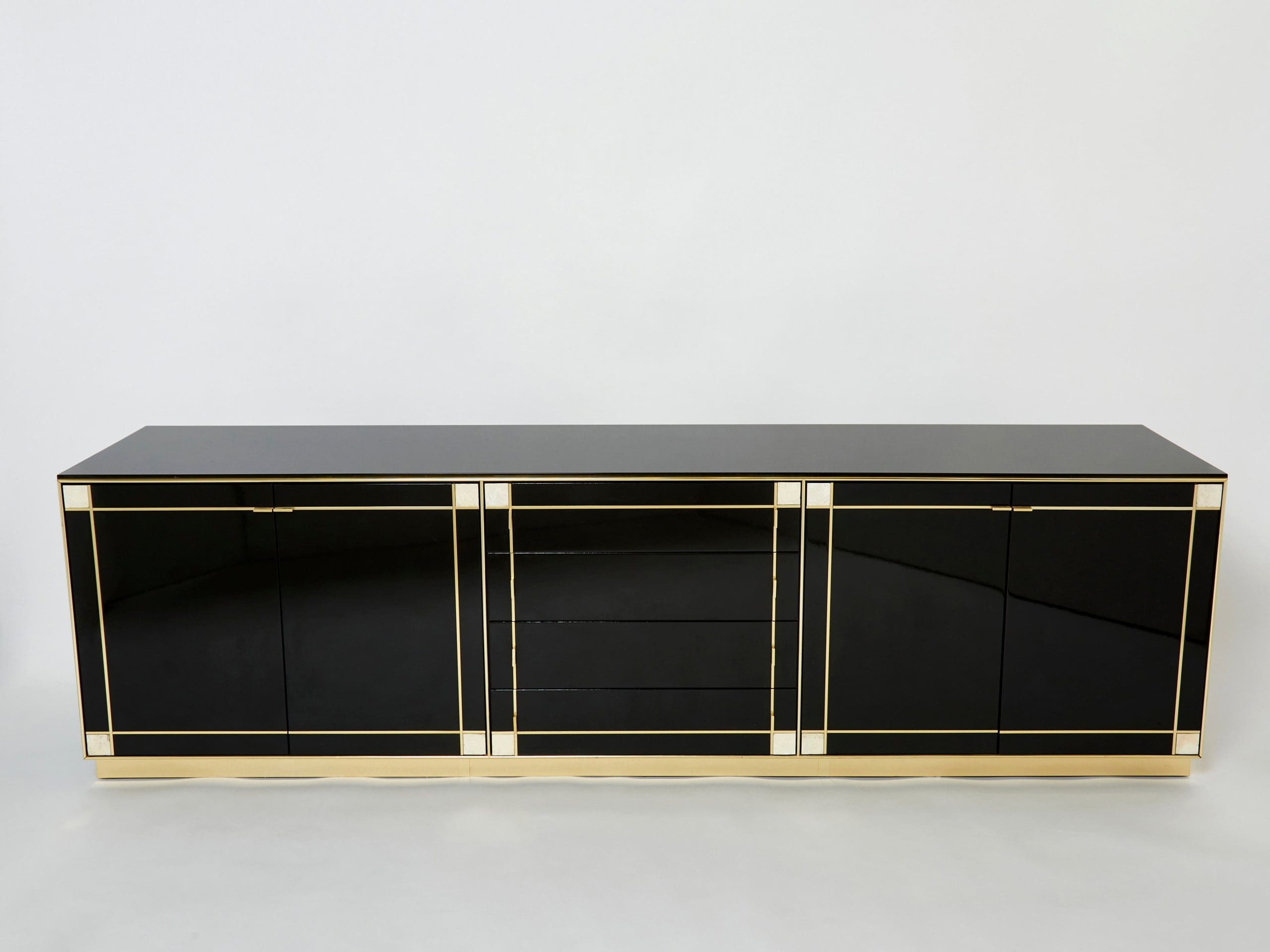 Sideboard Pierre Cardin en Laiton et Laque Noire avec Incrustations en Nacre, Années 1980