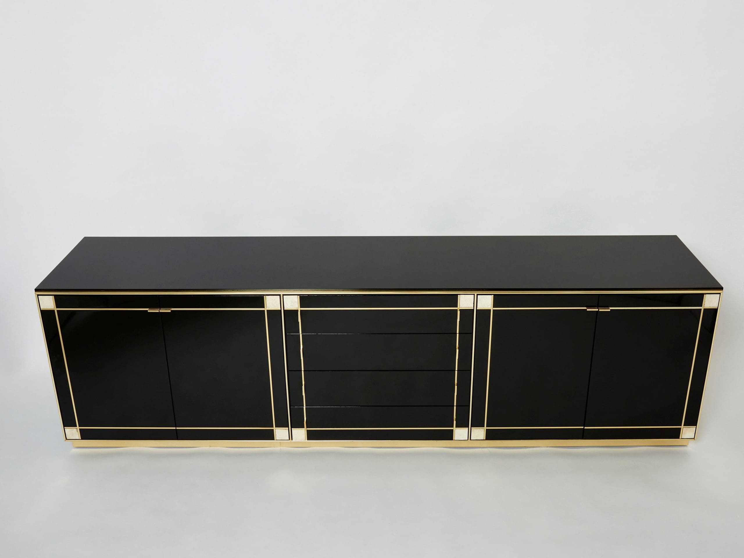 Sideboard Pierre Cardin en Laiton et Laque Noire avec Incrustations en Nacre, Années 1980