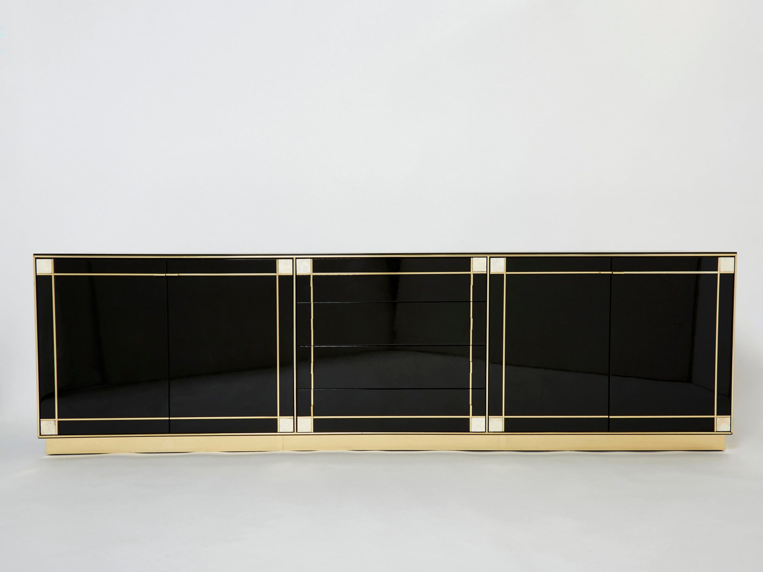 Sideboard Pierre Cardin en Laiton et Laque Noire avec Incrustations en Nacre, Années 1980