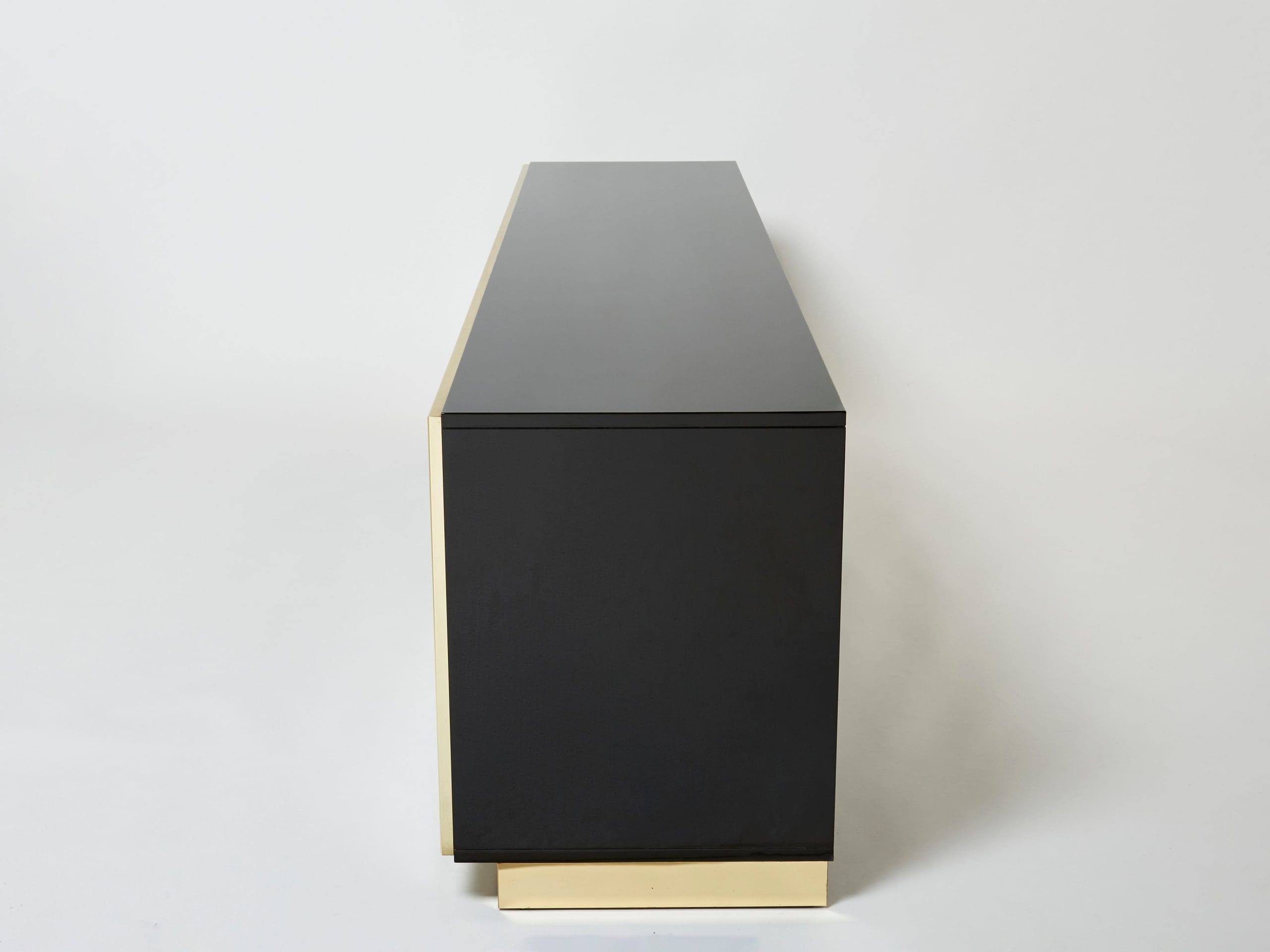 Sideboard Pierre Cardin en Laiton et Laque Noire avec Incrustations en Nacre, Années 1980