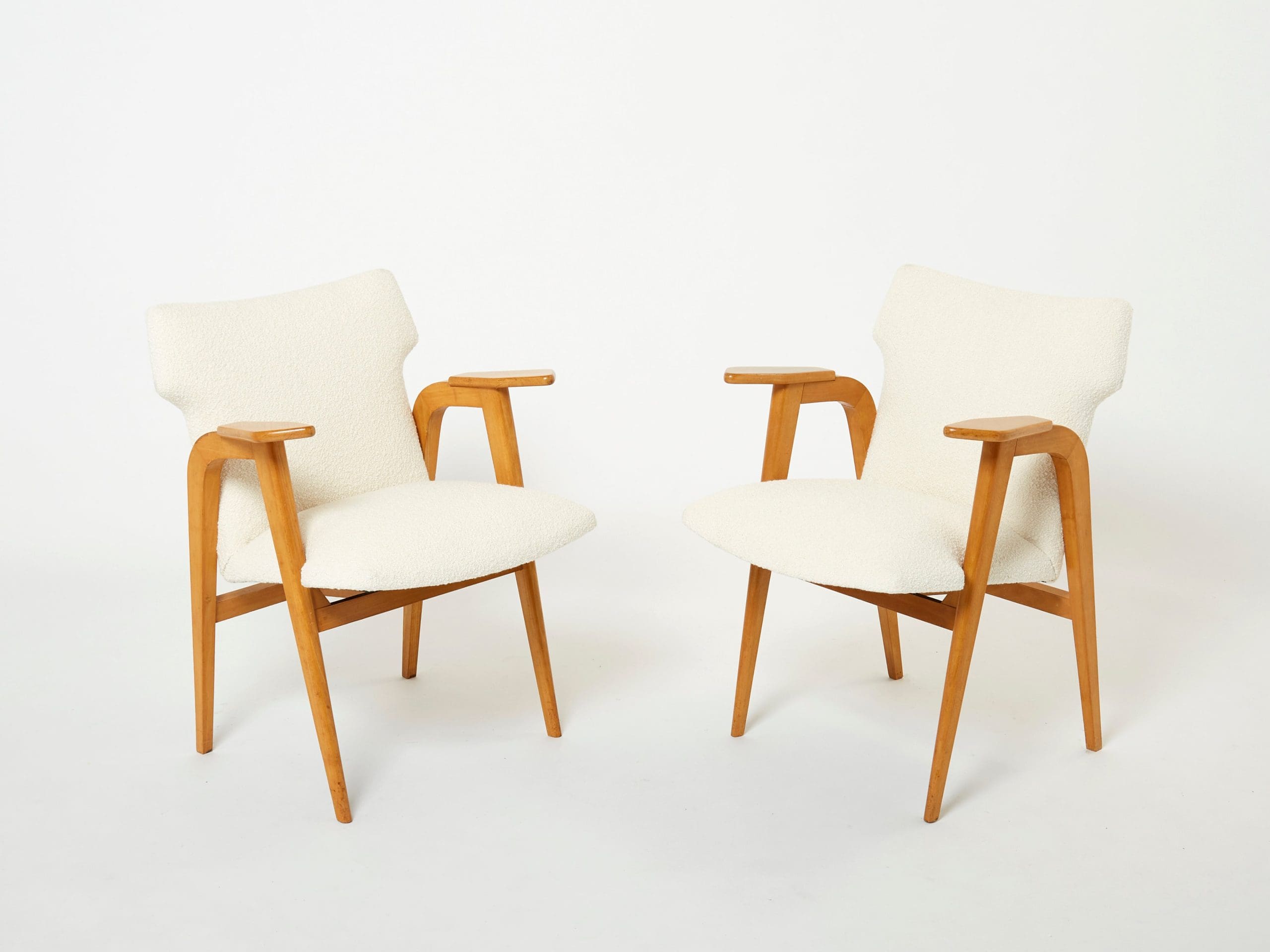 Fauteuils Compas Roger Landault – Chêne Français & Bouclé de Laine, Années 1950