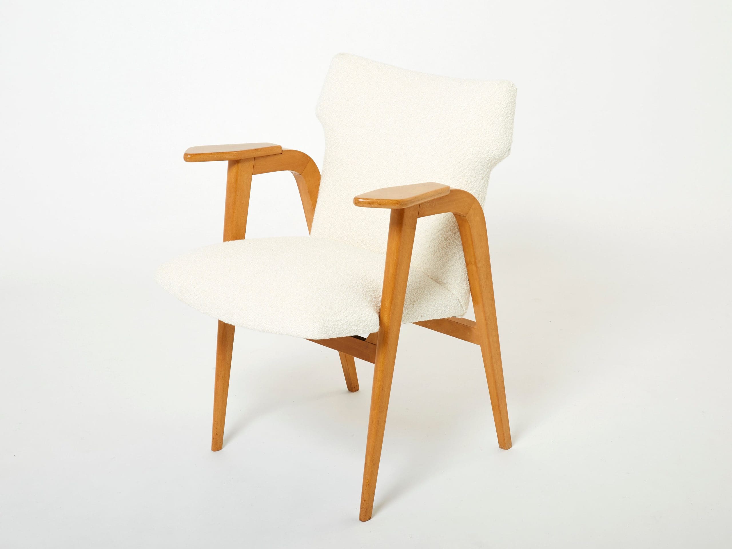 Fauteuils Compas Roger Landault – Chêne Français & Bouclé de Laine, Années 1950