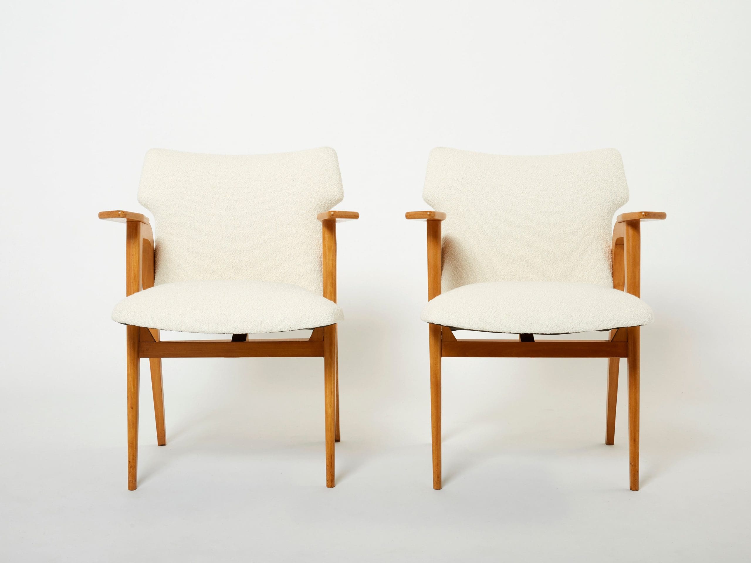 Fauteuils Compas Roger Landault – Chêne Français & Bouclé de Laine, Années 1950