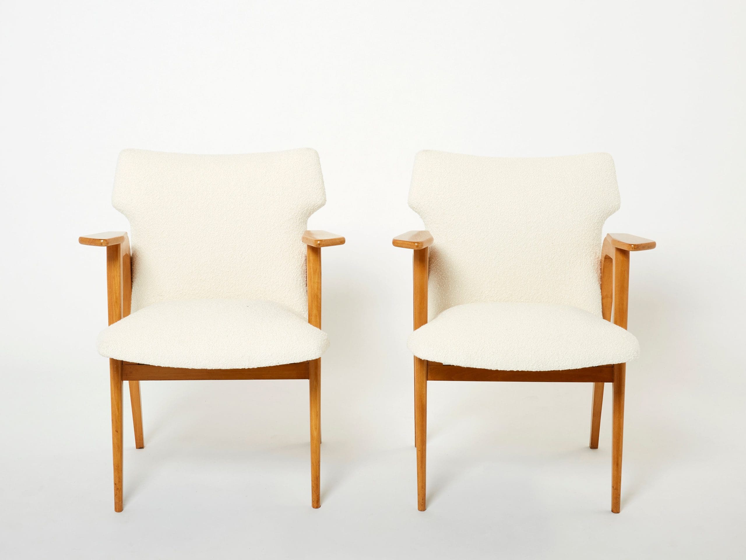 Fauteuils Compas Roger Landault – Chêne Français & Bouclé de Laine, Années 1950
