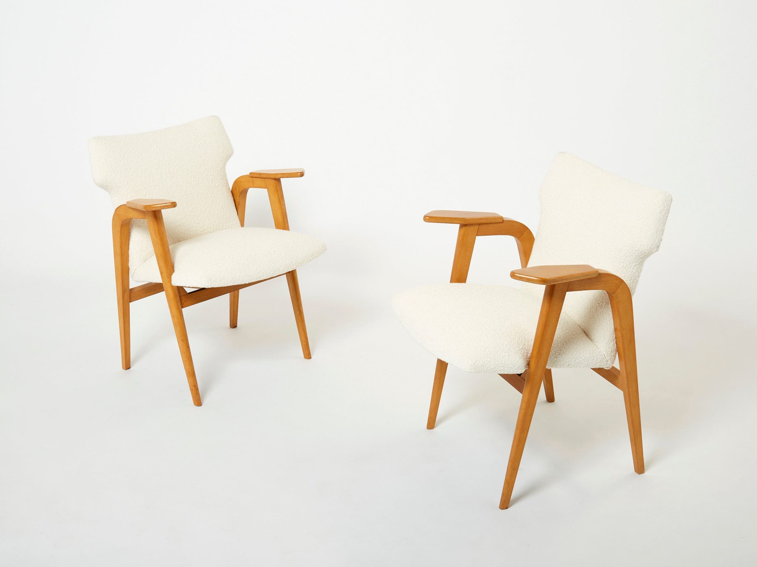 Fauteuils Compas Roger Landault – Chêne Français & Bouclé de Laine, Années 1950