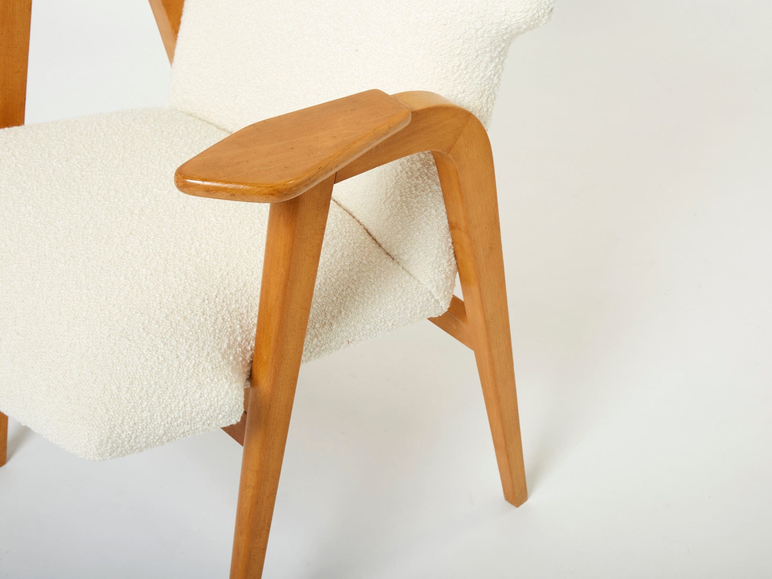 Fauteuils Compas Roger Landault – Chêne Français & Bouclé de Laine, Années 1950