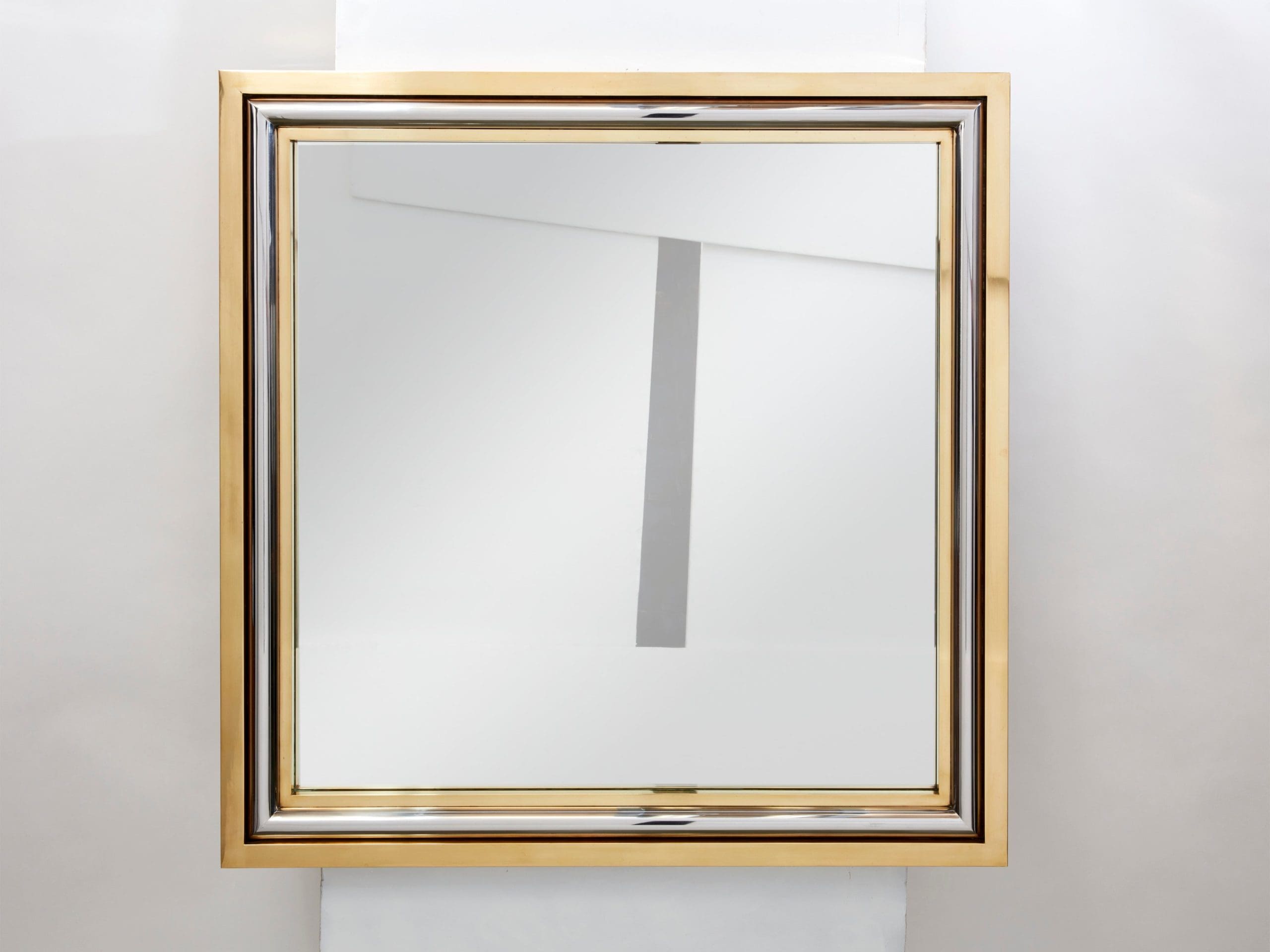 Miroir Carré en Laiton et Chrome par Romeo Rega pour Metalarte, 1970s