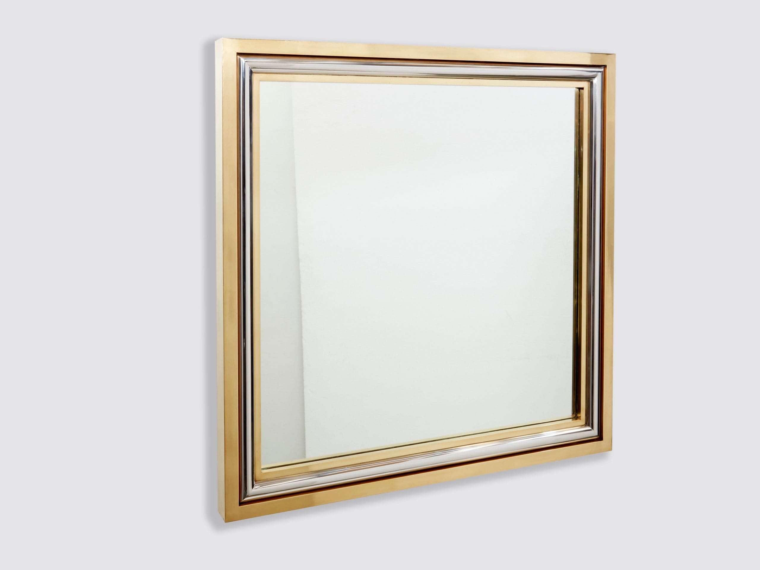 Miroir Carré en Laiton et Chrome par Romeo Rega pour Metalarte, 1970s