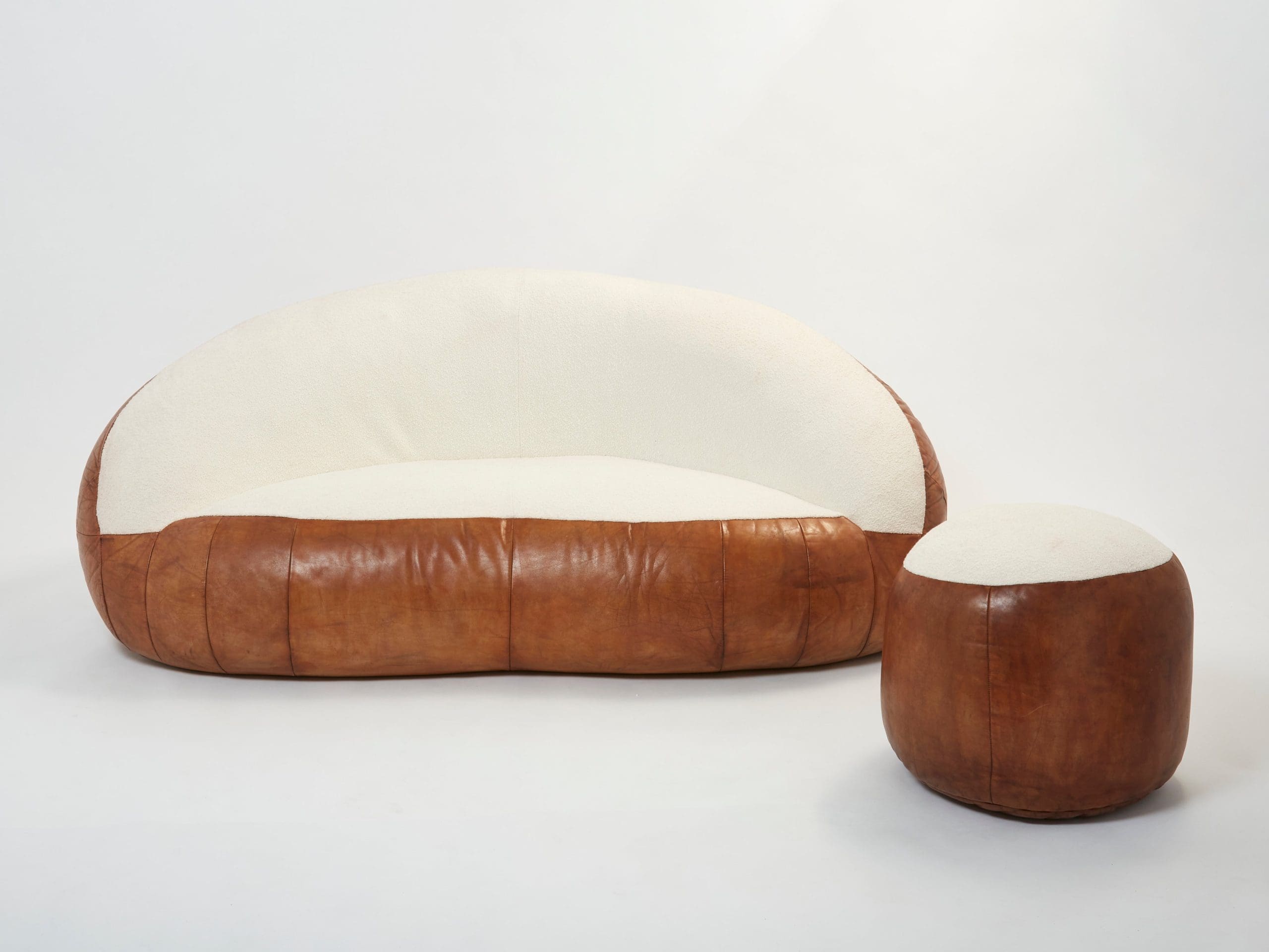 Ensemble de Deux Canapés Croissant par Raphaël Raffel, Cuir et Bouclé, Années 1970