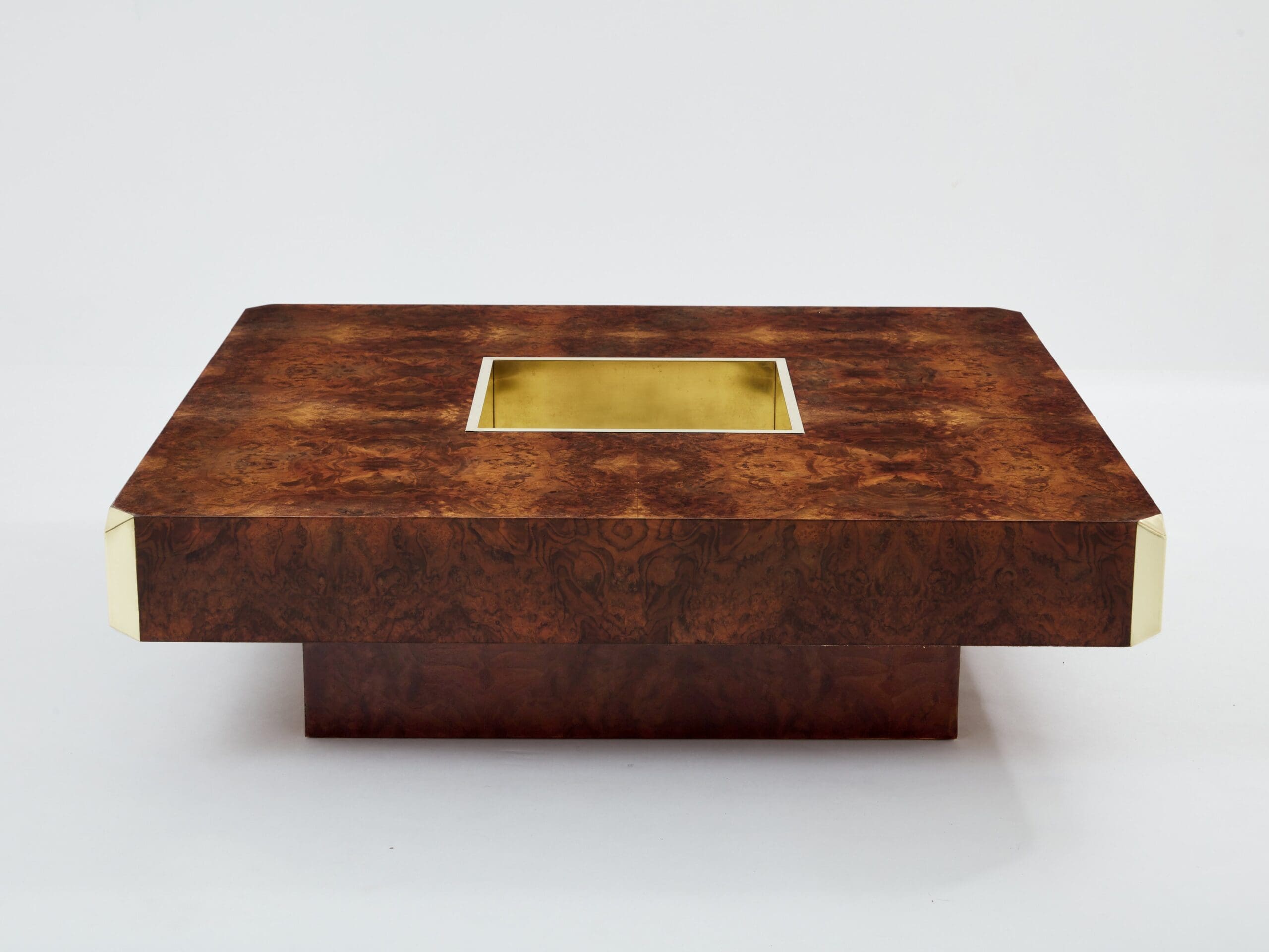 Table Basse Carrée Willy Rizzo en Loupe et Laiton, Modèle Alveo, Années 1970