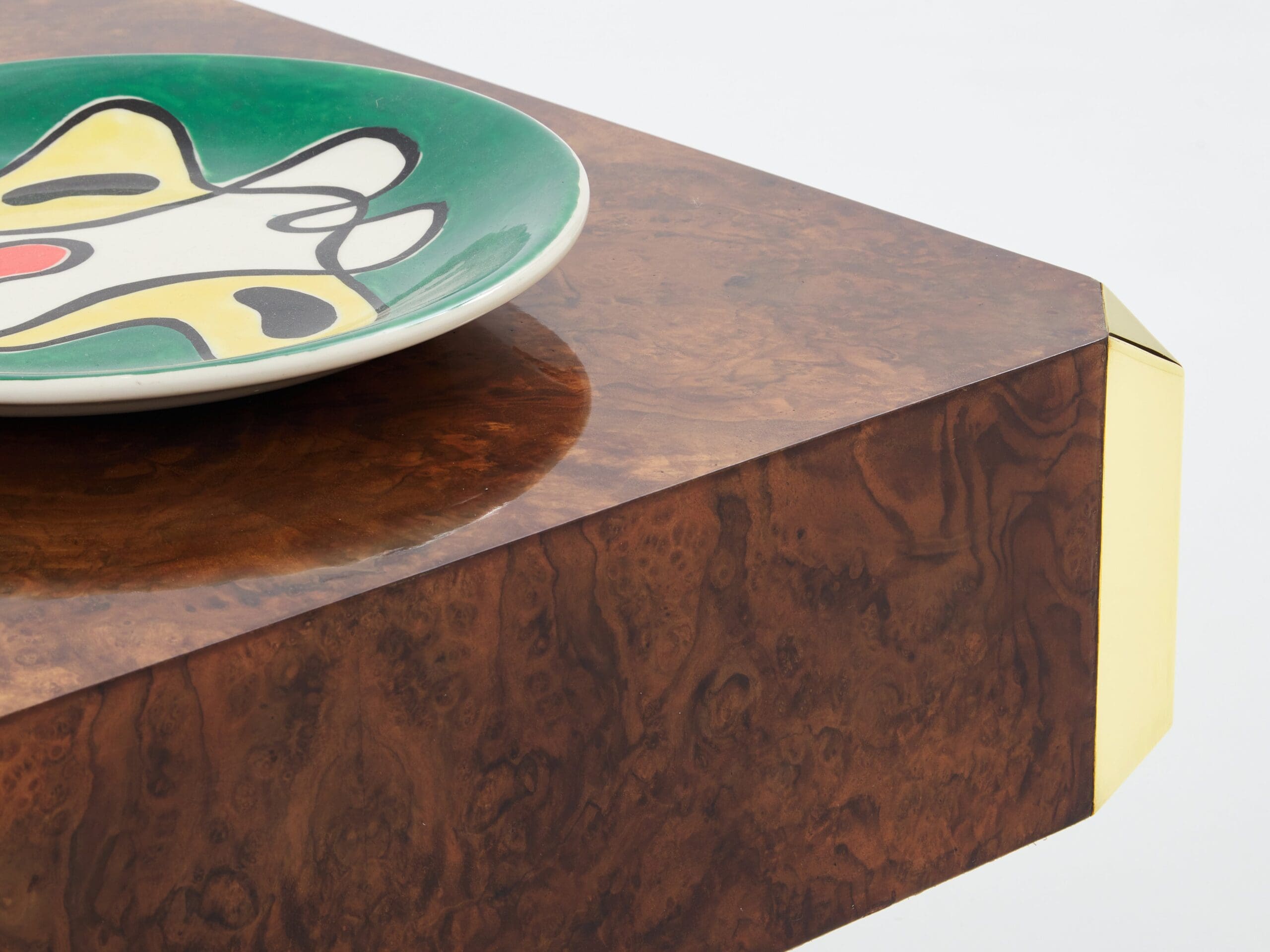 Table Basse Carrée Willy Rizzo en Loupe et Laiton, Modèle Alveo, Années 1970
