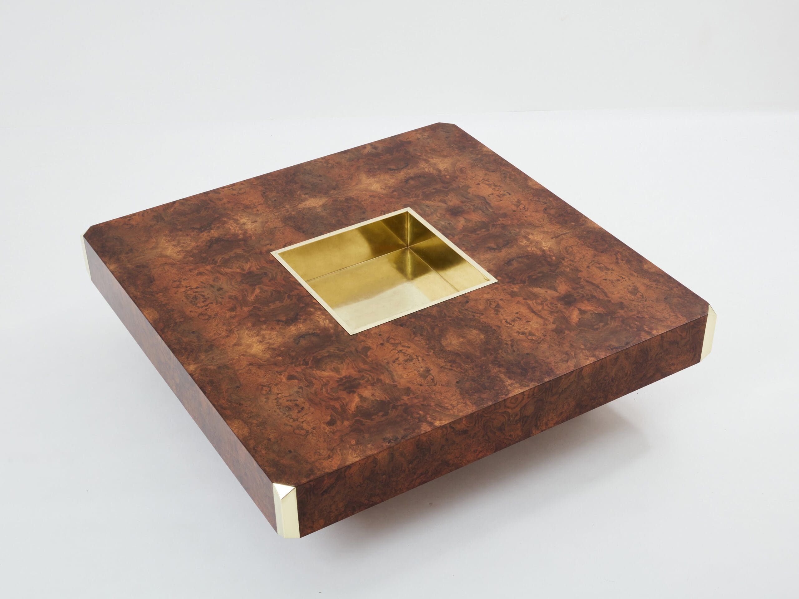 Table Basse Carrée Willy Rizzo en Loupe et Laiton, Modèle Alveo, Années 1970