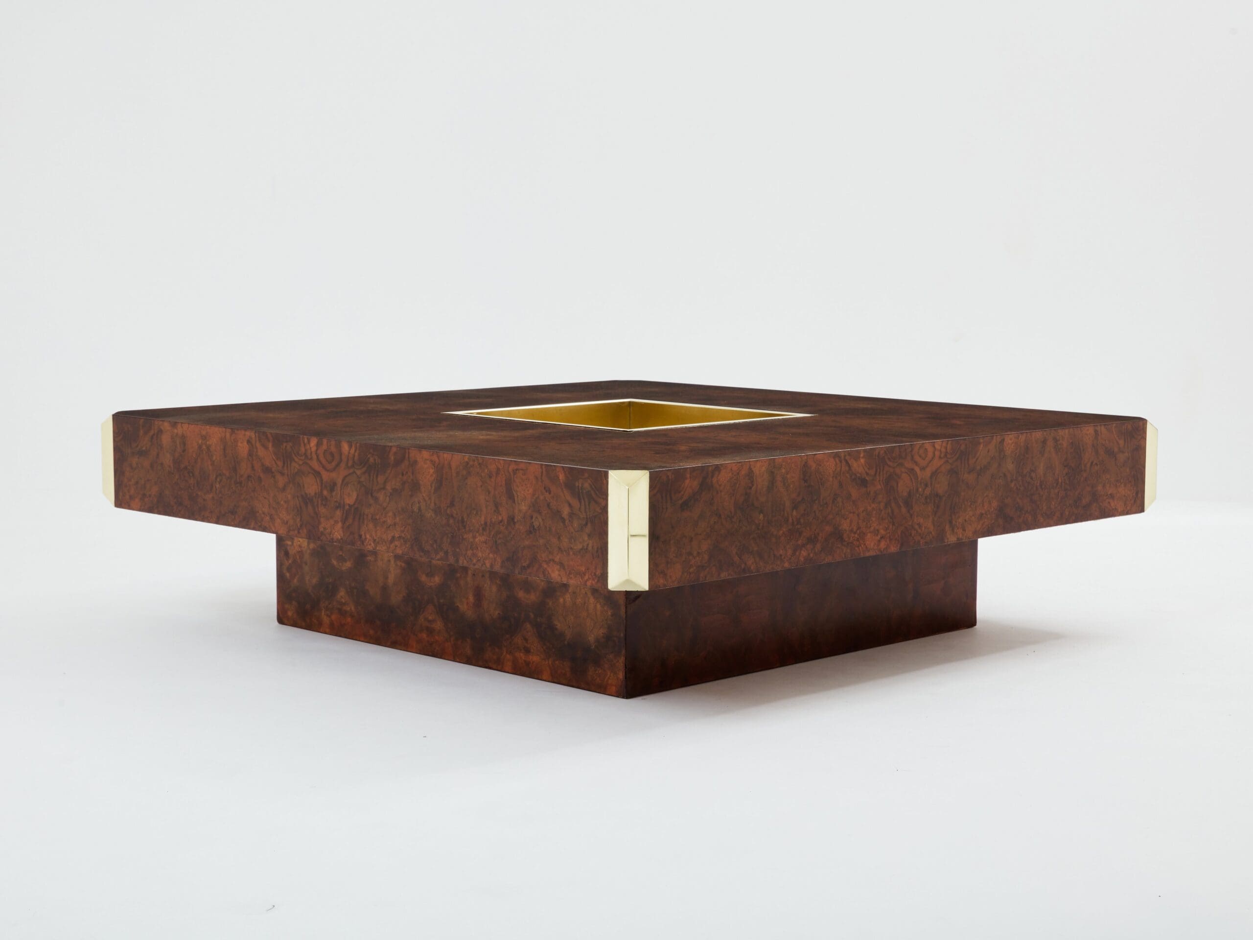 Table Basse Carrée Willy Rizzo en Loupe et Laiton, Modèle Alveo, Années 1970