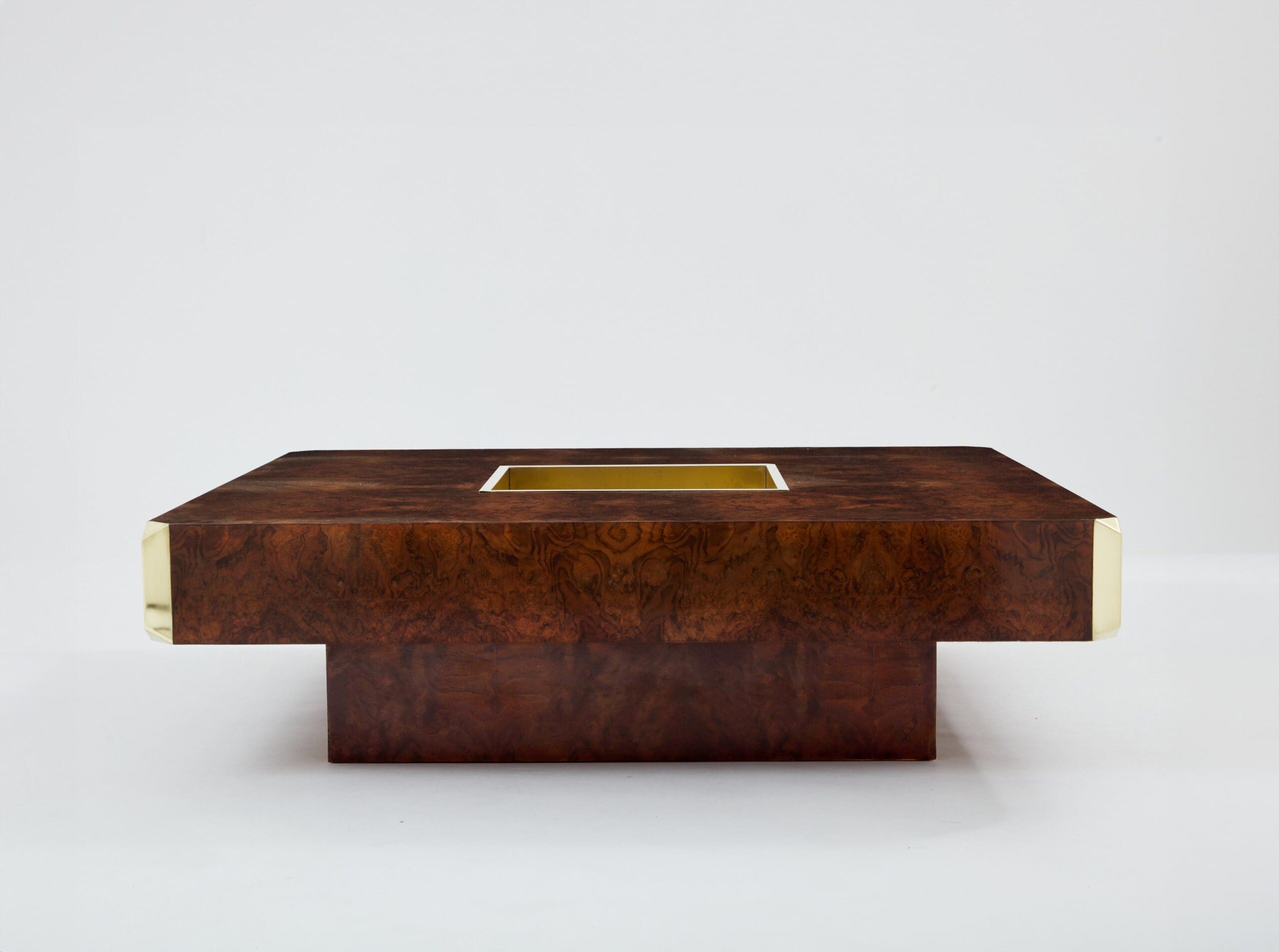 Table Basse Carrée Willy Rizzo en Loupe et Laiton, Modèle Alveo, Années 1970